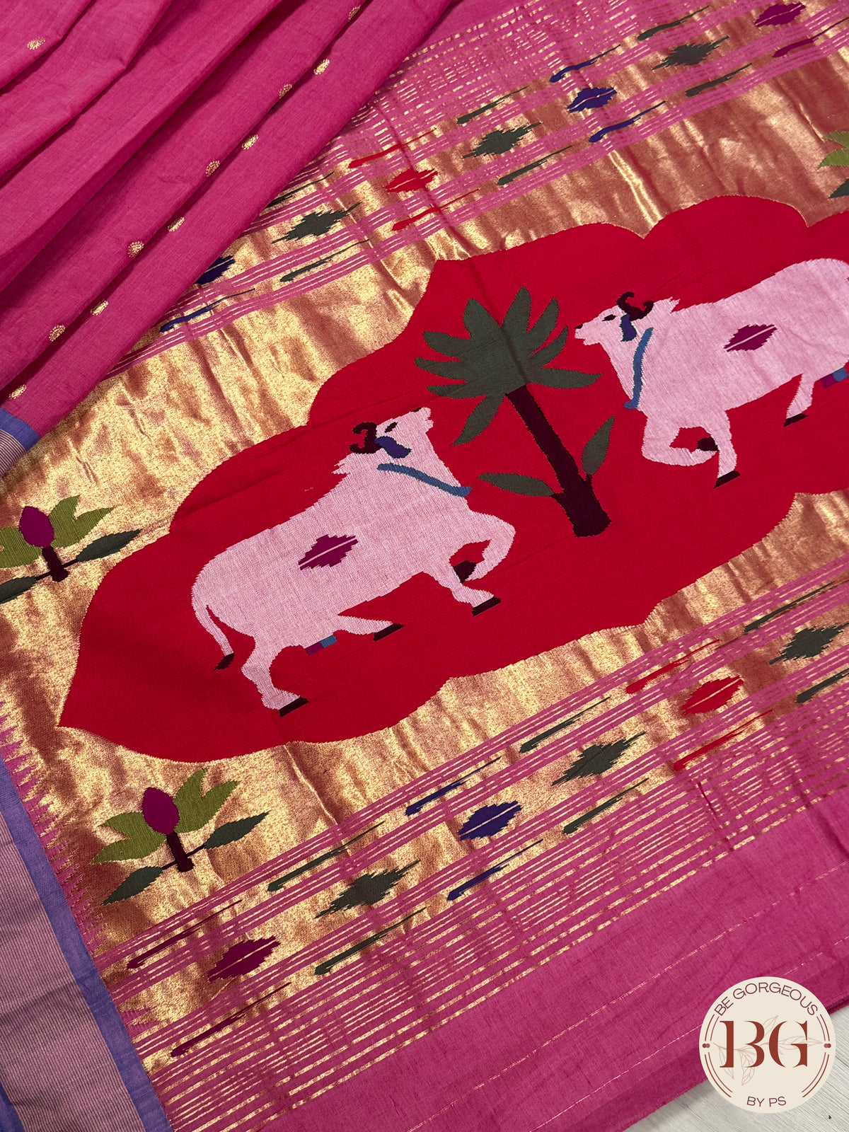 Paithani handloom cotton saree Pink Purple Cow Design