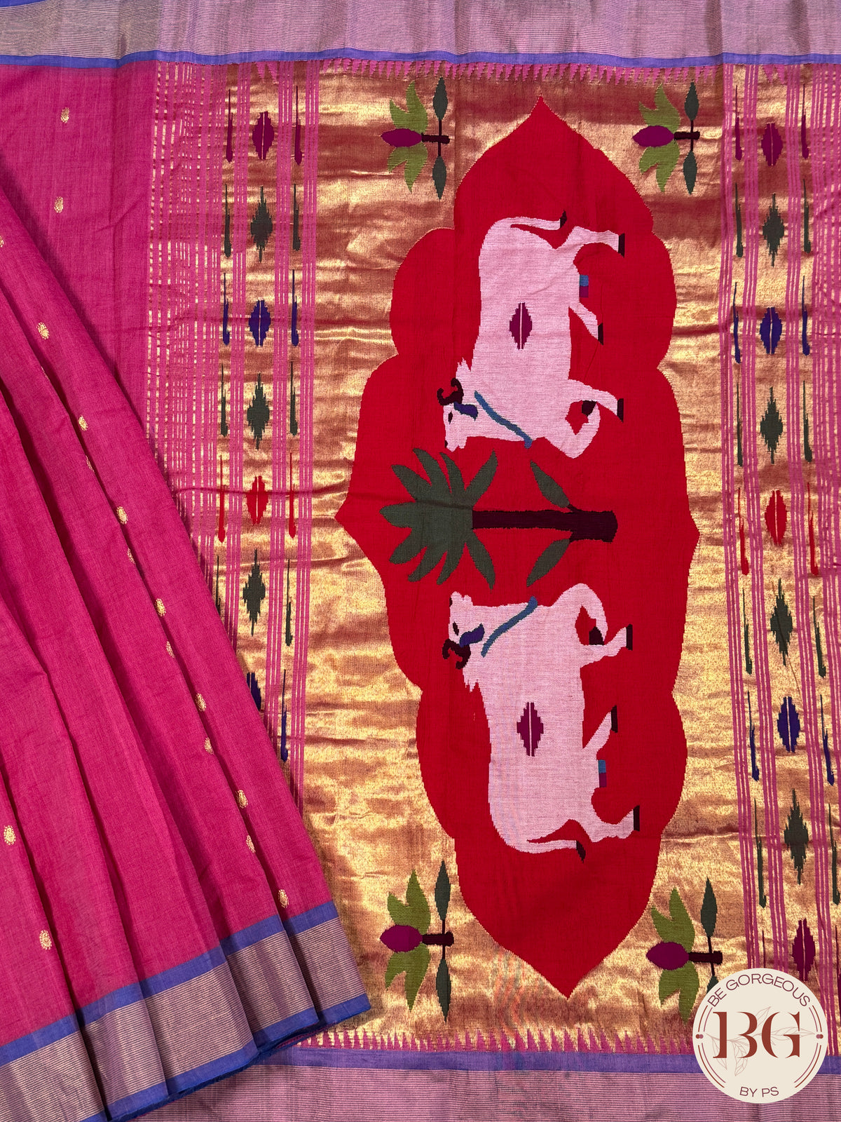 Paithani handloom cotton saree Pink Purple Cow Design