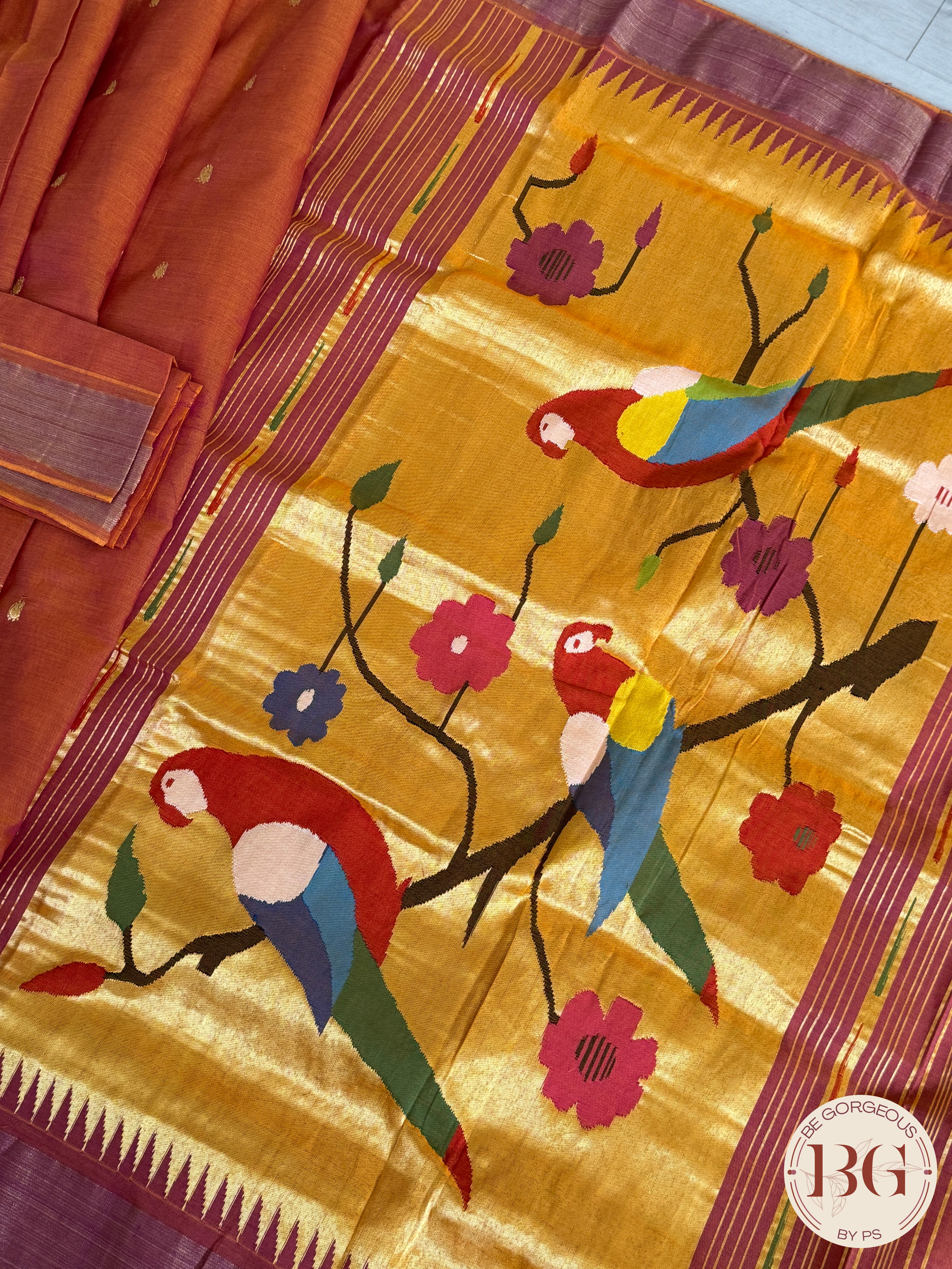 Paithani handloom cotton saree Orange Parrot