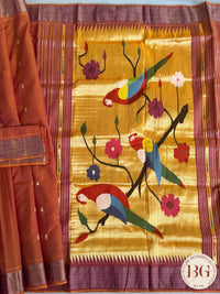 Paithani handloom cotton saree Orange Parrot