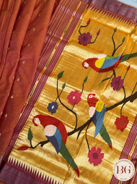 Paithani handloom cotton saree Orange Parrot