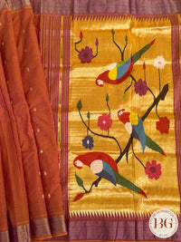 Paithani handloom cotton saree Orange Parrot