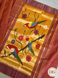 Paithani handloom cotton saree Orange Parrot