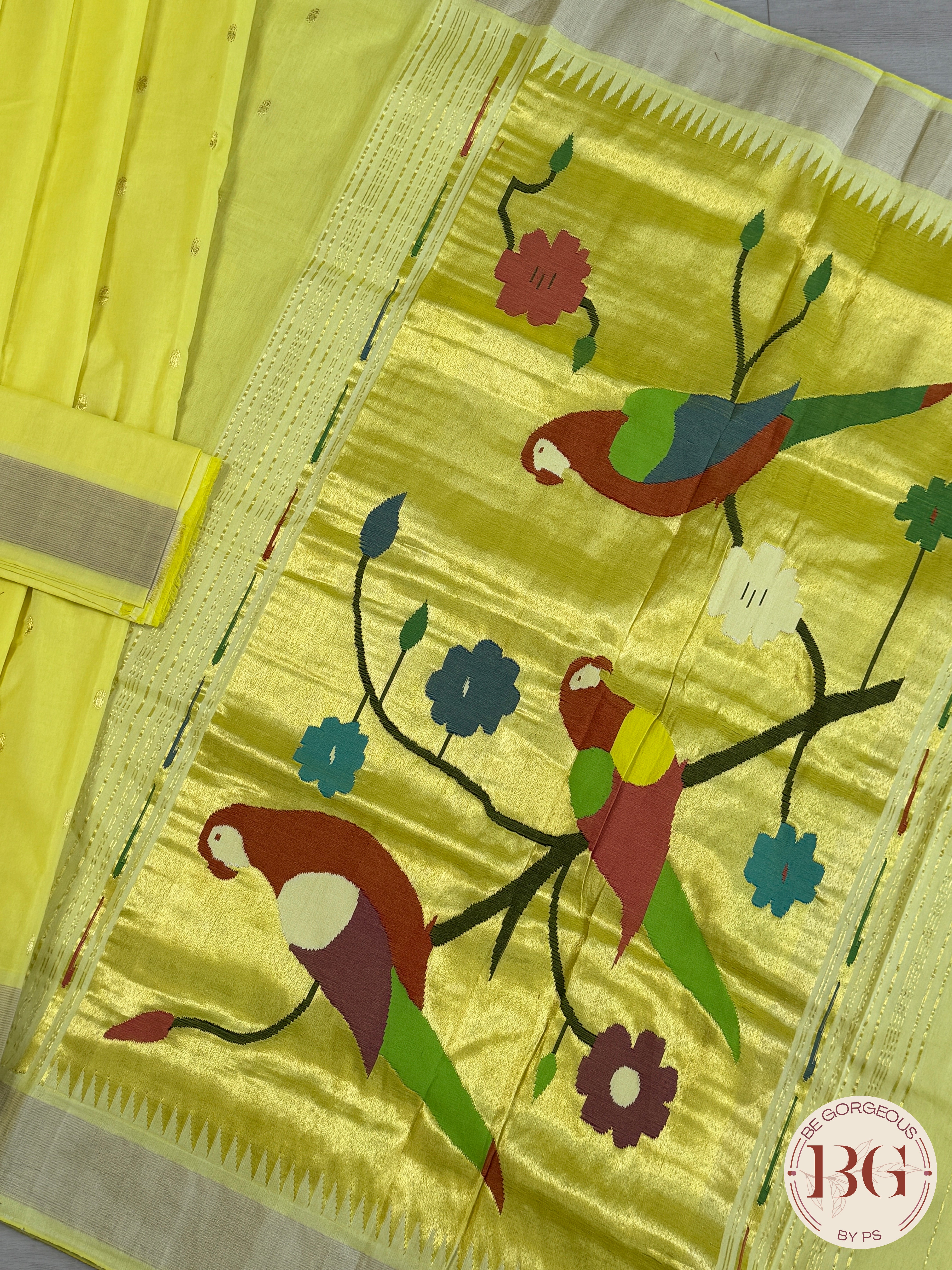 Paithani handloom cotton saree Yellow Parrot