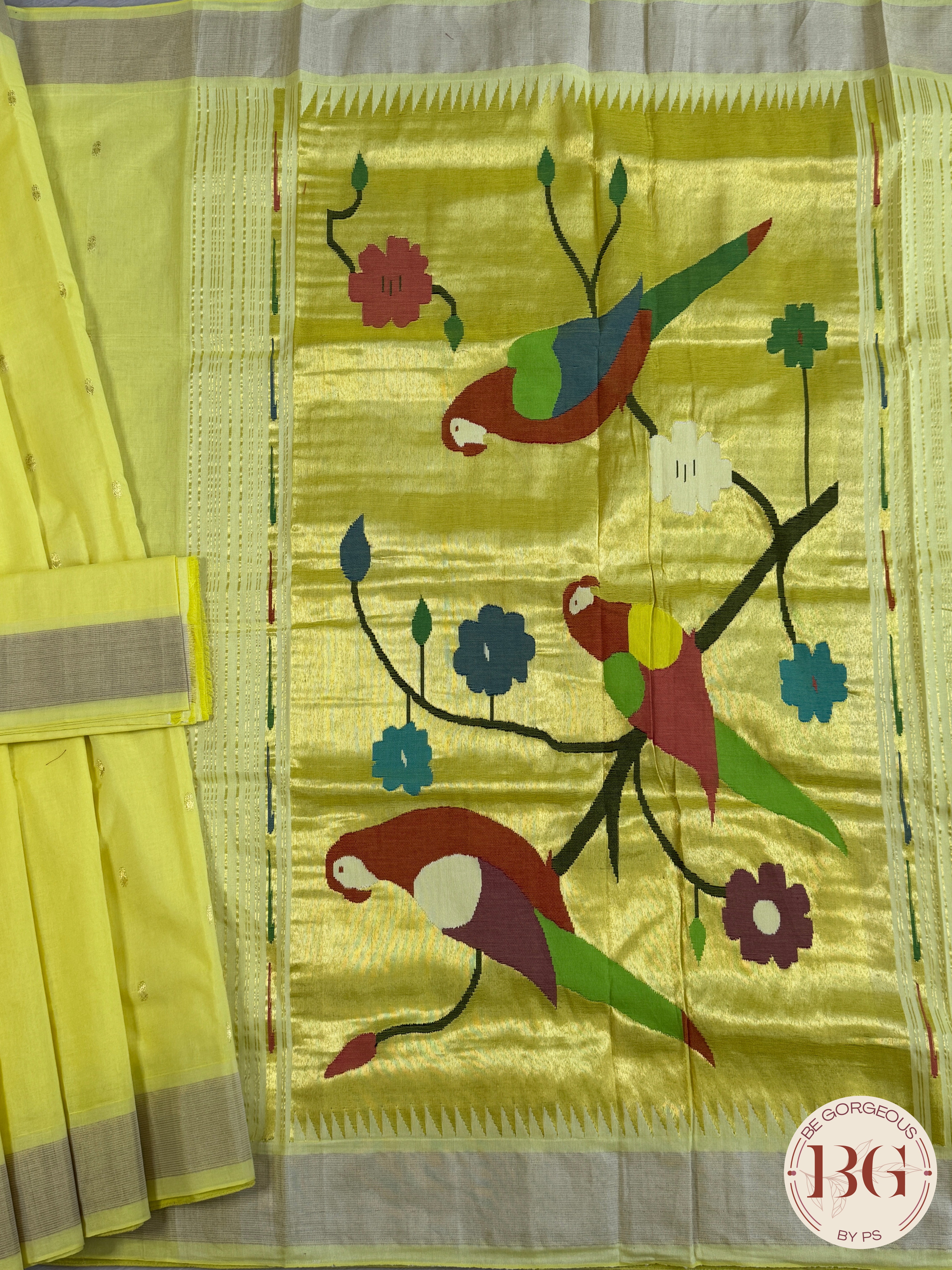 Paithani handloom cotton saree Yellow Parrot