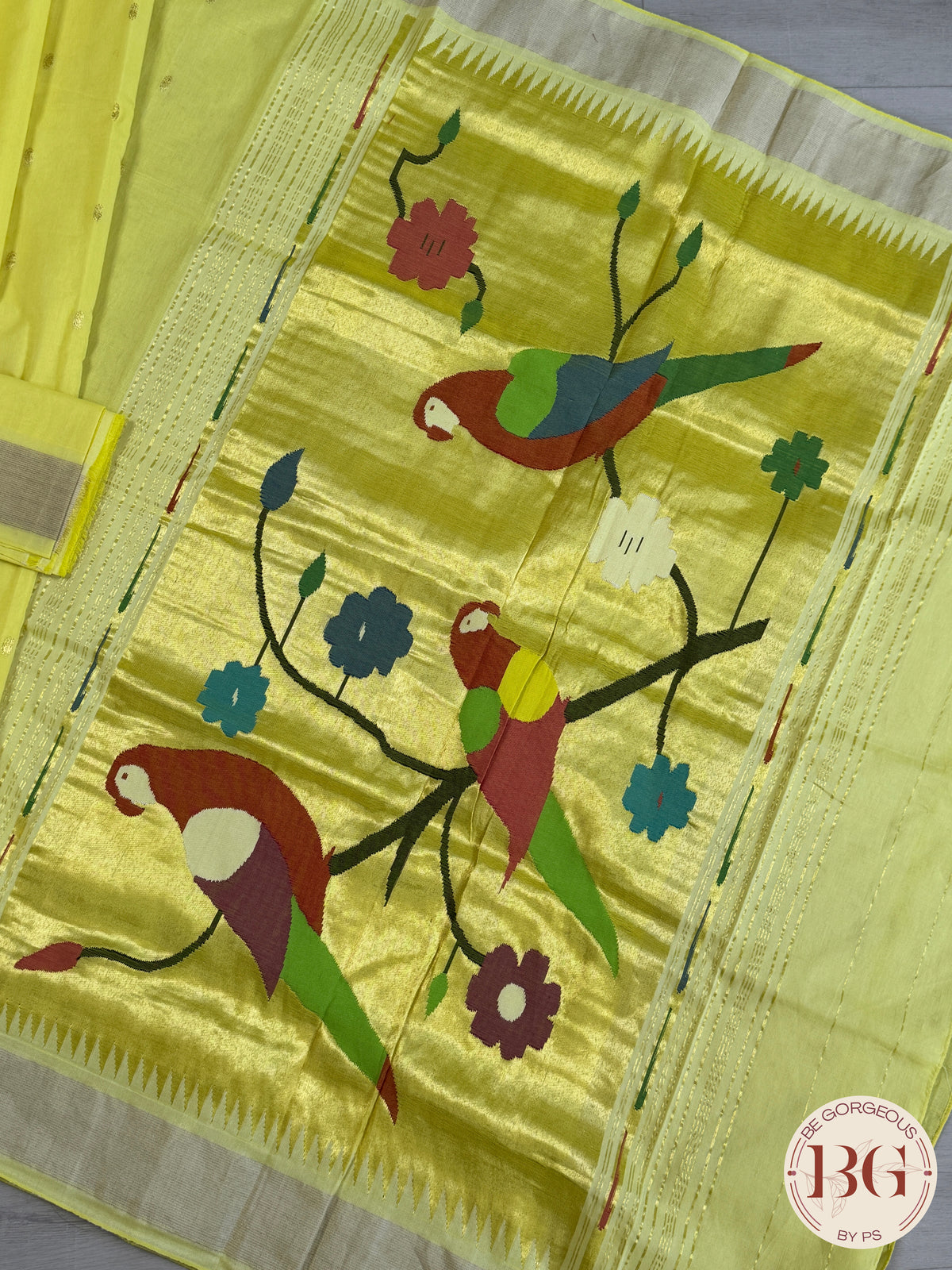 Paithani handloom cotton saree Yellow Parrot