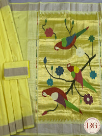 Paithani handloom cotton saree Yellow Parrot