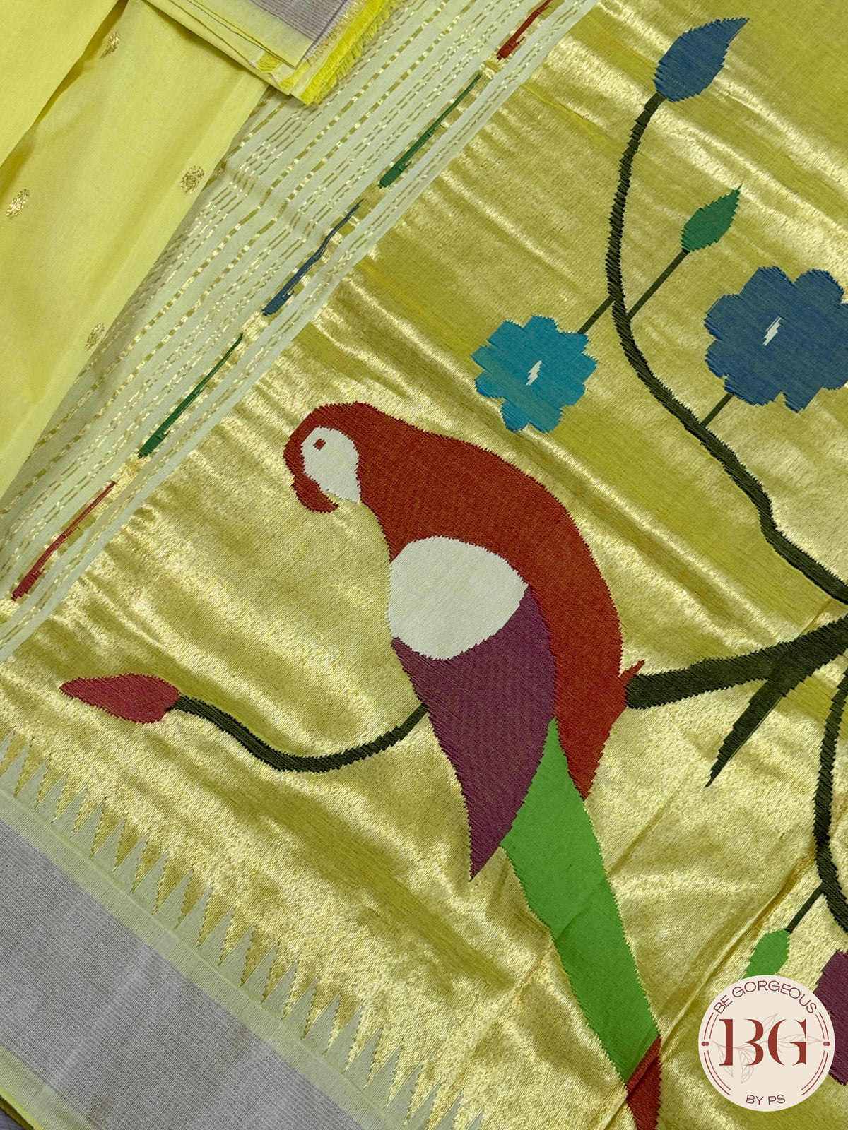 Paithani handloom cotton saree Yellow Parrot