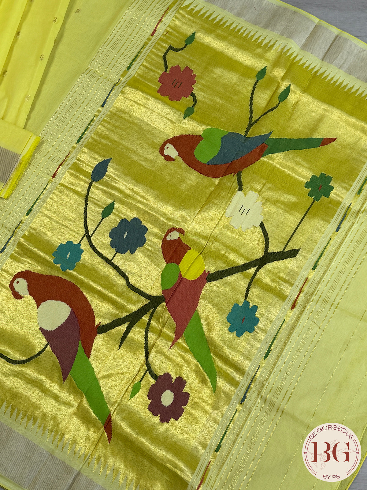 Paithani handloom cotton saree Yellow Parrot