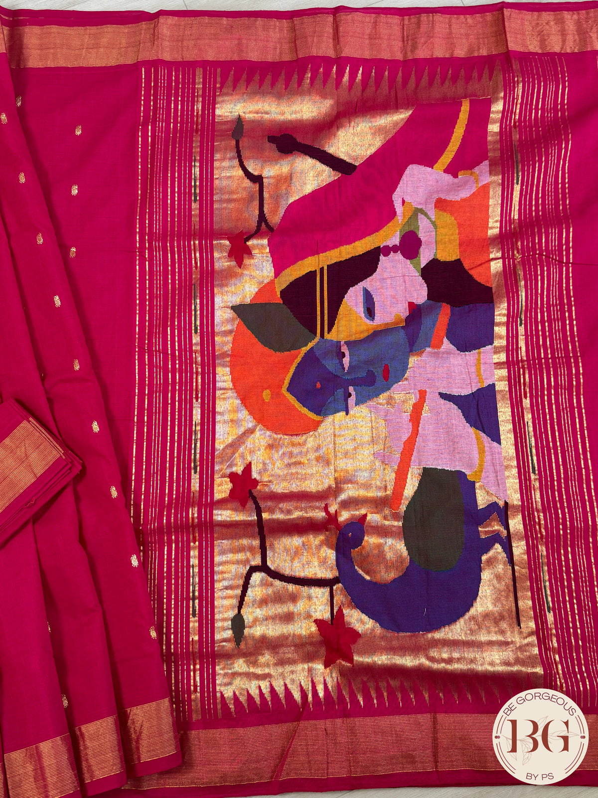 Paithani handloom cotton saree Pink Radha Krishna Peacock