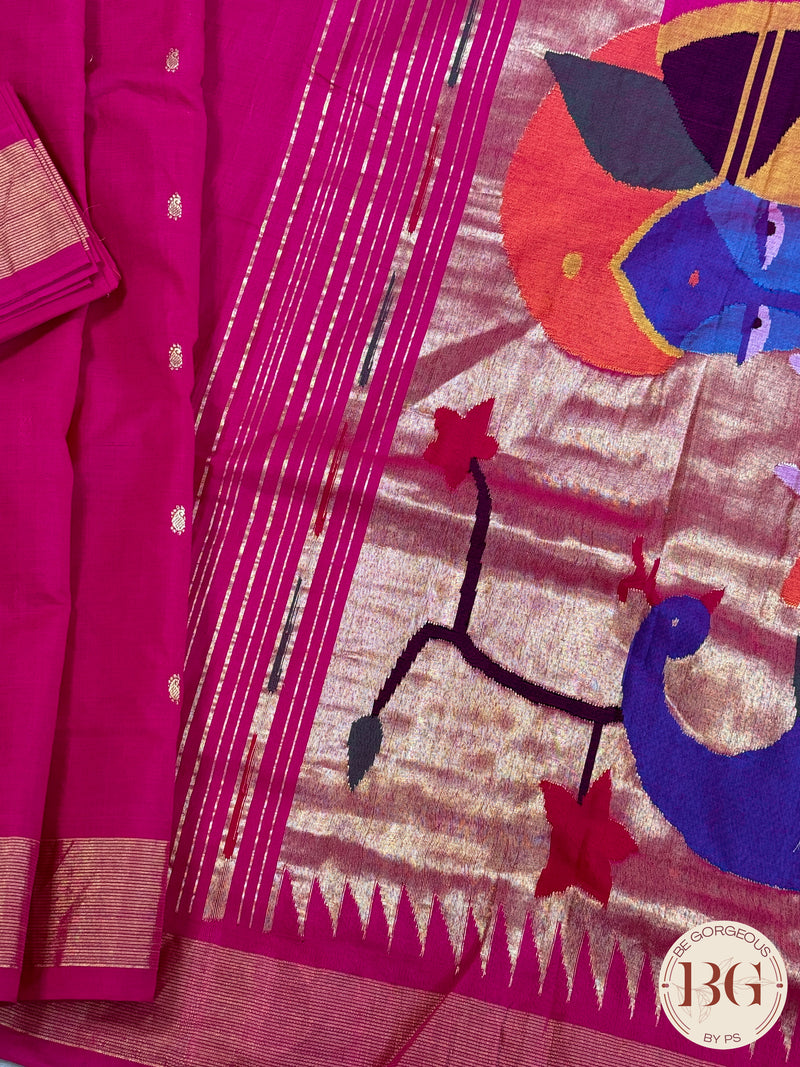 Paithani handloom cotton saree Pink Radha Krishna Peacock