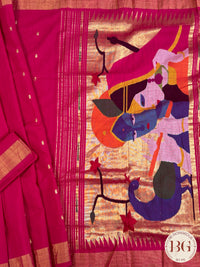 Paithani handloom cotton saree Pink Radha Krishna Peacock