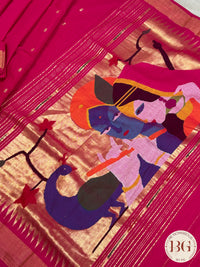 Paithani handloom cotton saree Pink Radha Krishna Peacock