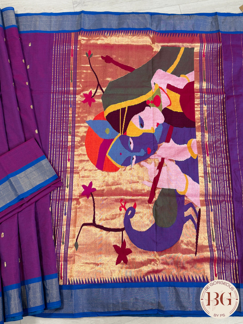 Paithani handloom cotton saree Purple Blue Radha Krishna Peacock