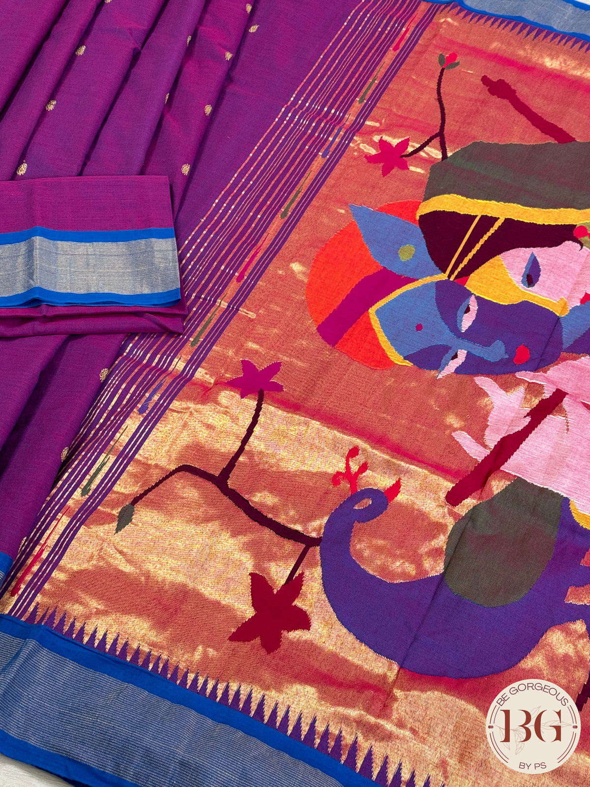 Paithani handloom cotton saree Purple Blue Radha Krishna Peacock