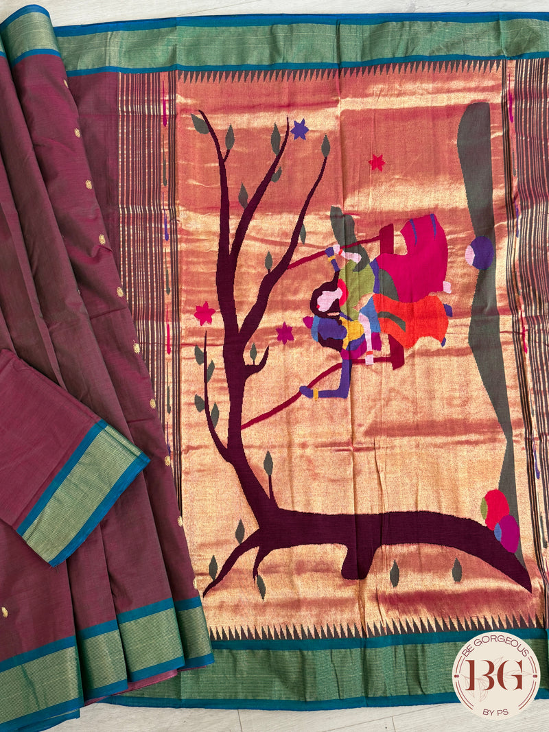 Paithani handloom cotton saree Maroon Green Radha Krishna Tree