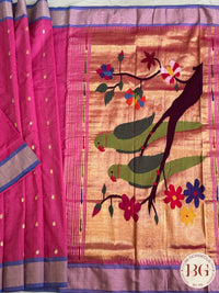 Paithani handloom cotton saree Pink Blue Parrot