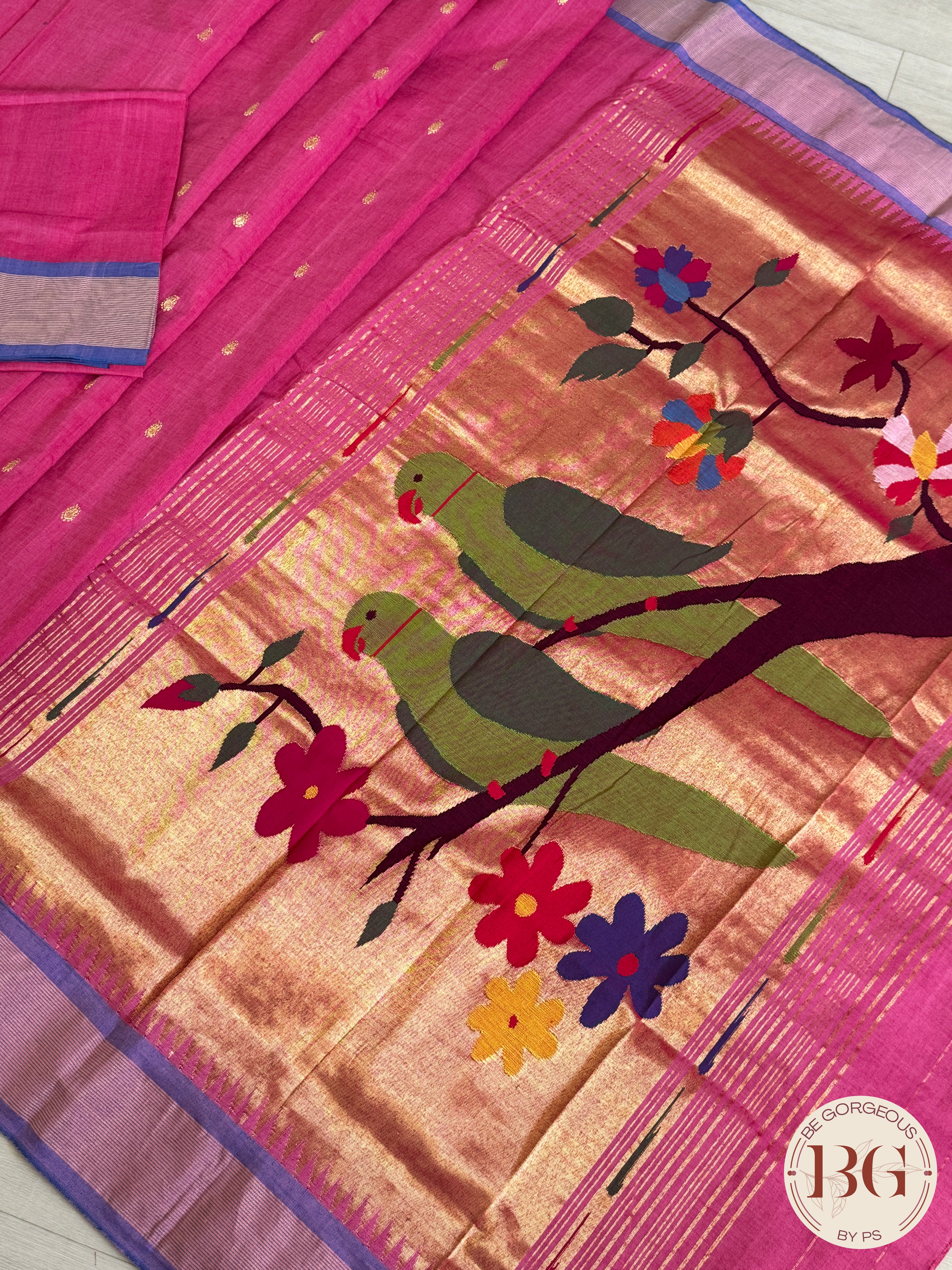 Paithani handloom cotton saree Pink Blue Parrot