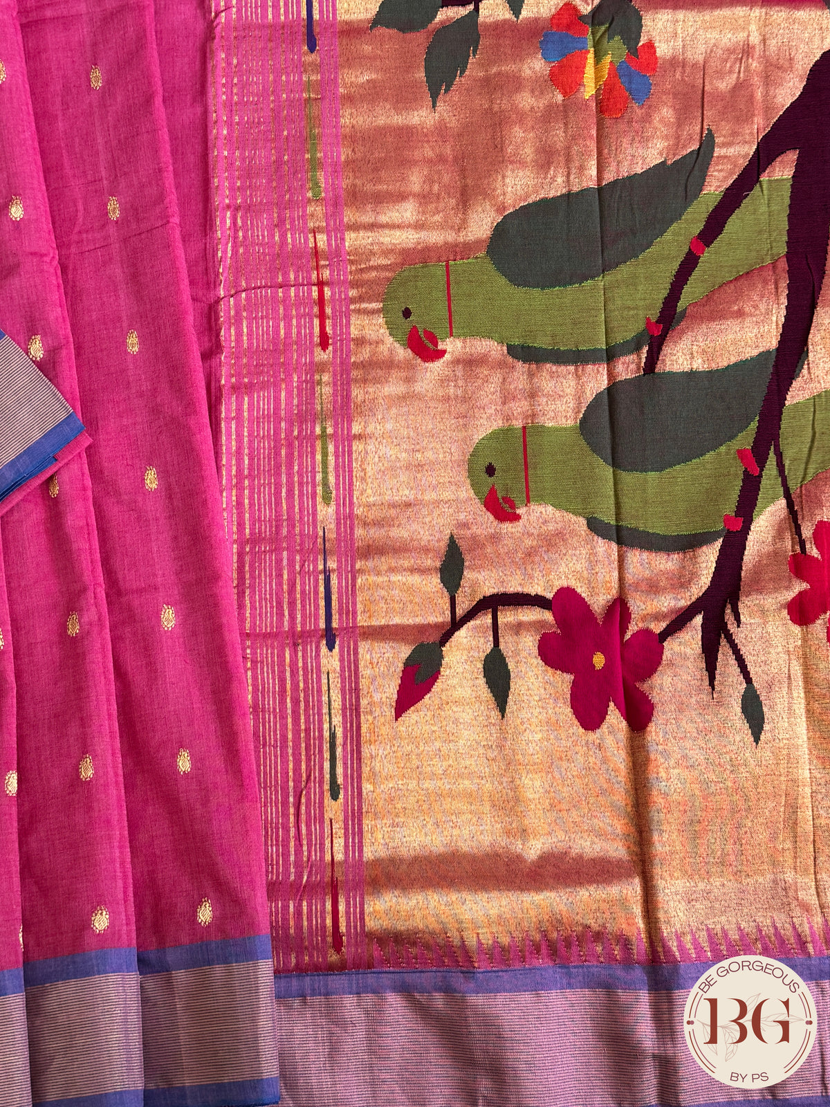 Paithani handloom cotton saree Pink Blue Parrot