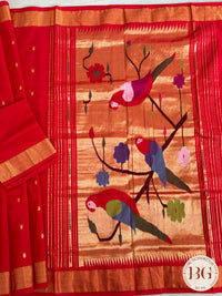 Paithani handloom cotton saree Red Parrot