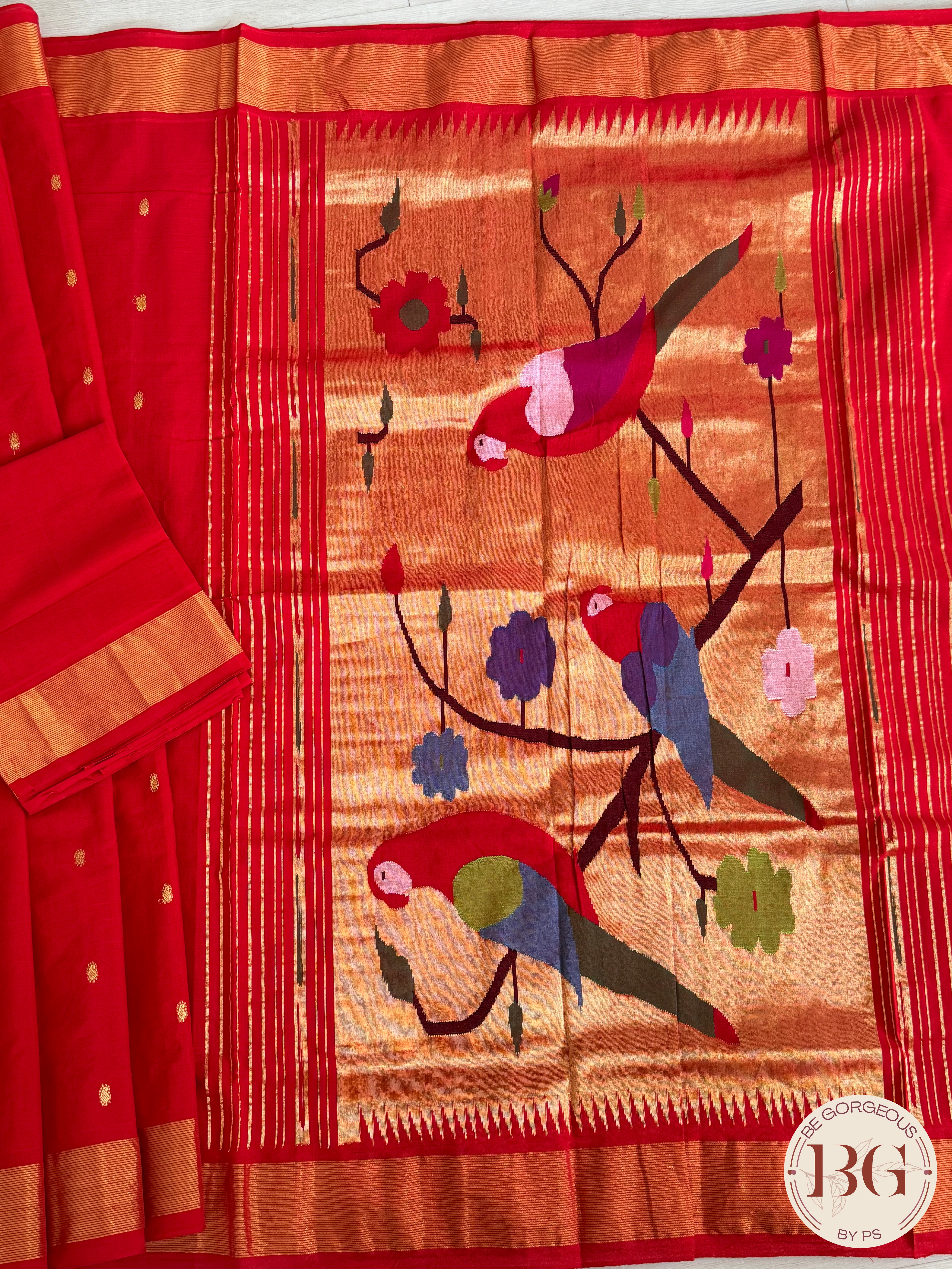 Paithani handloom cotton saree Red Parrot