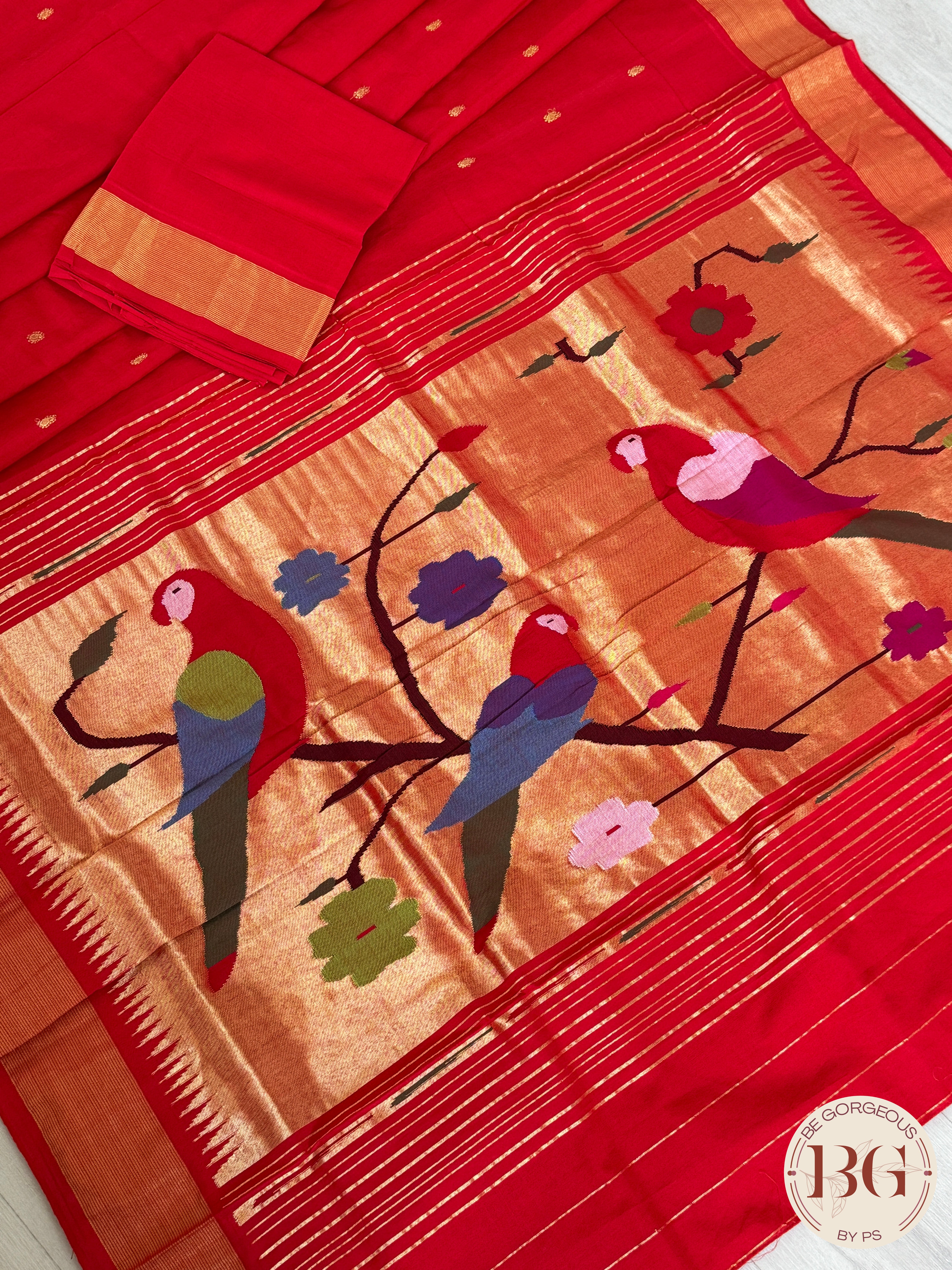 Paithani handloom cotton saree Red Parrot