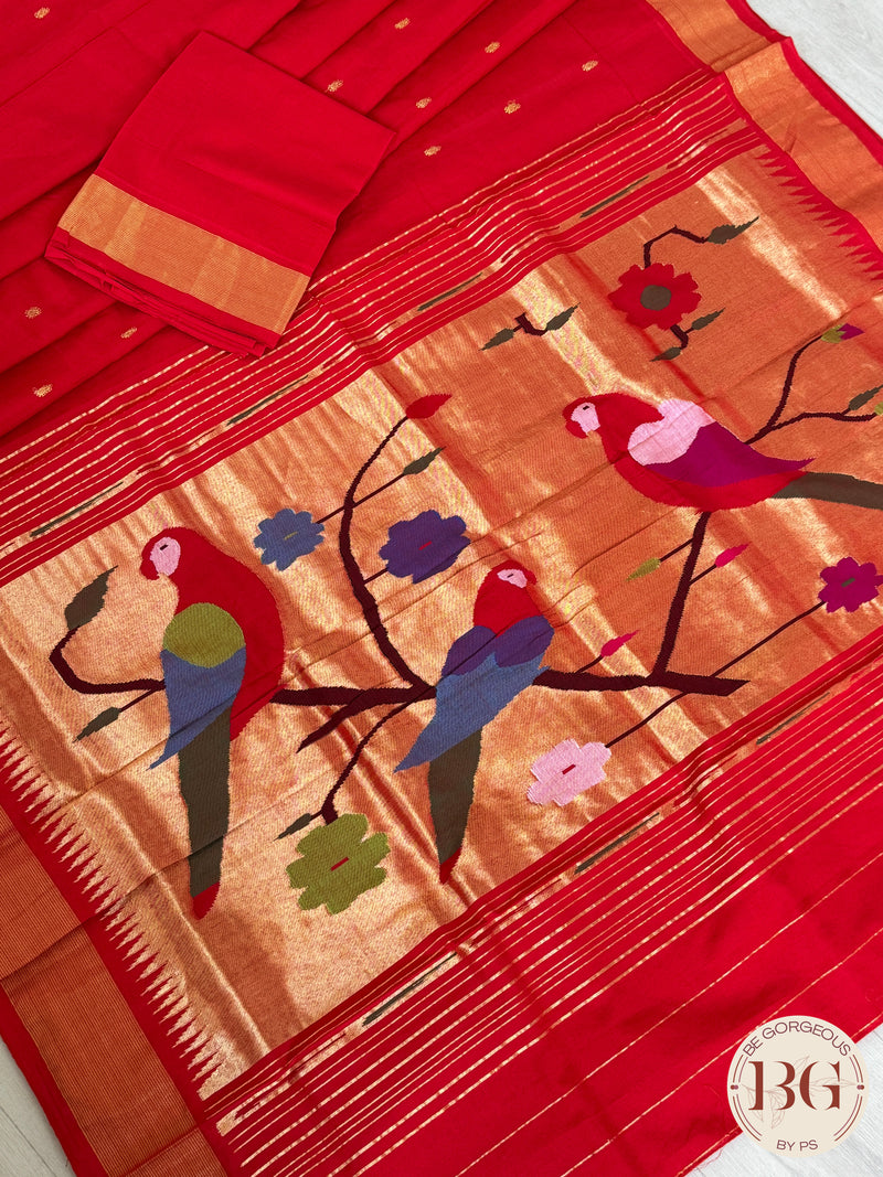 Paithani handloom cotton saree Red Parrot