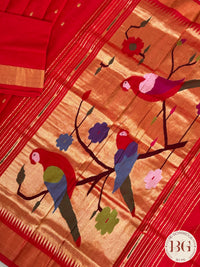 Paithani handloom cotton saree Red Parrot