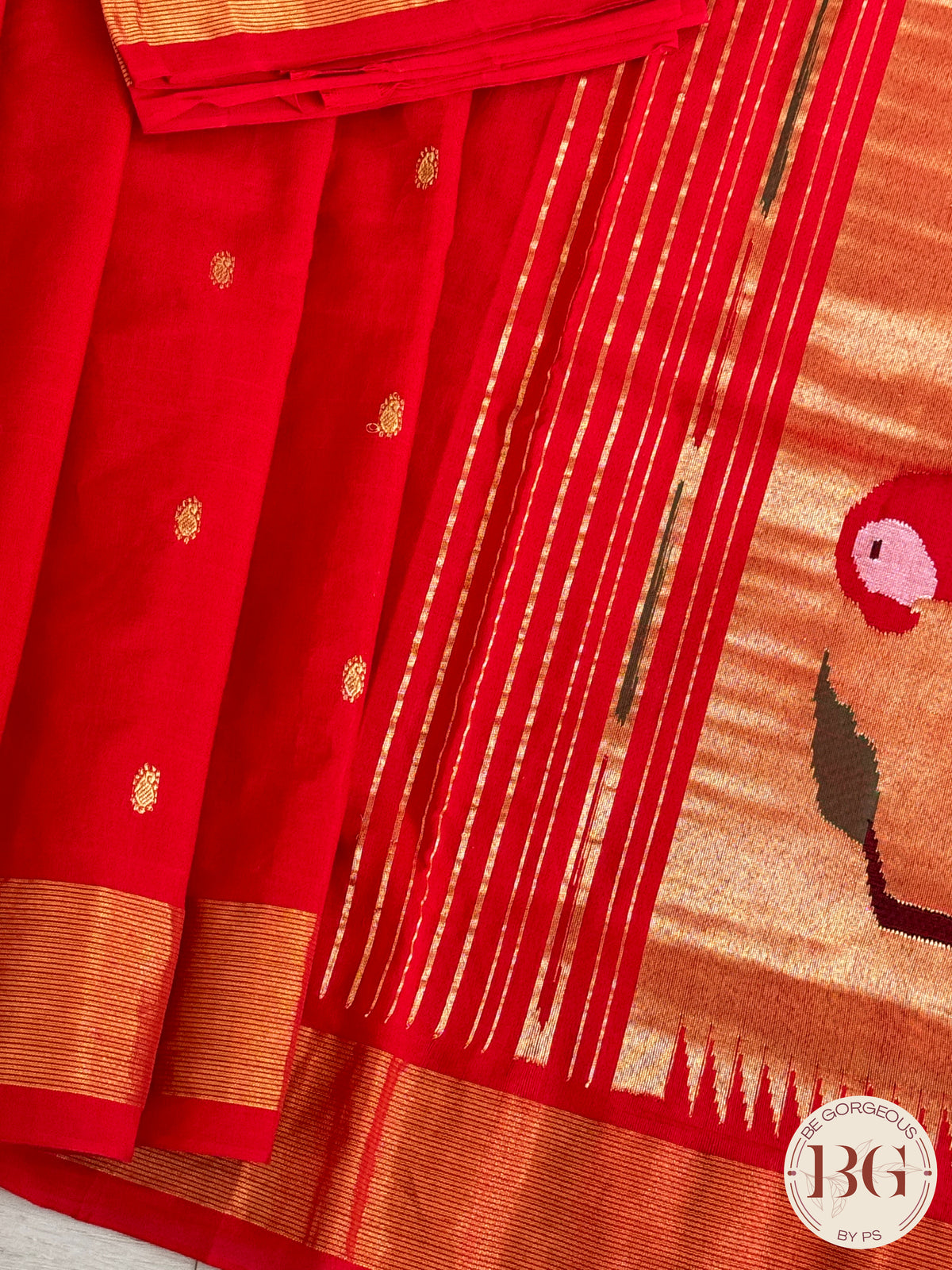 Paithani handloom cotton saree Red Parrot