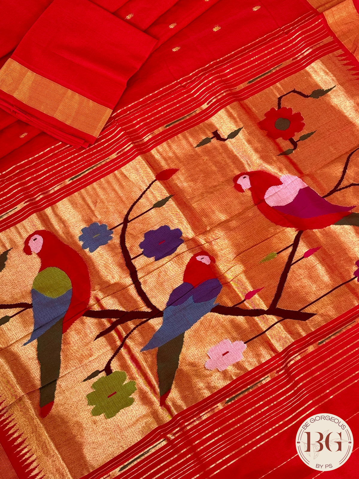 Paithani handloom cotton saree Red Parrot