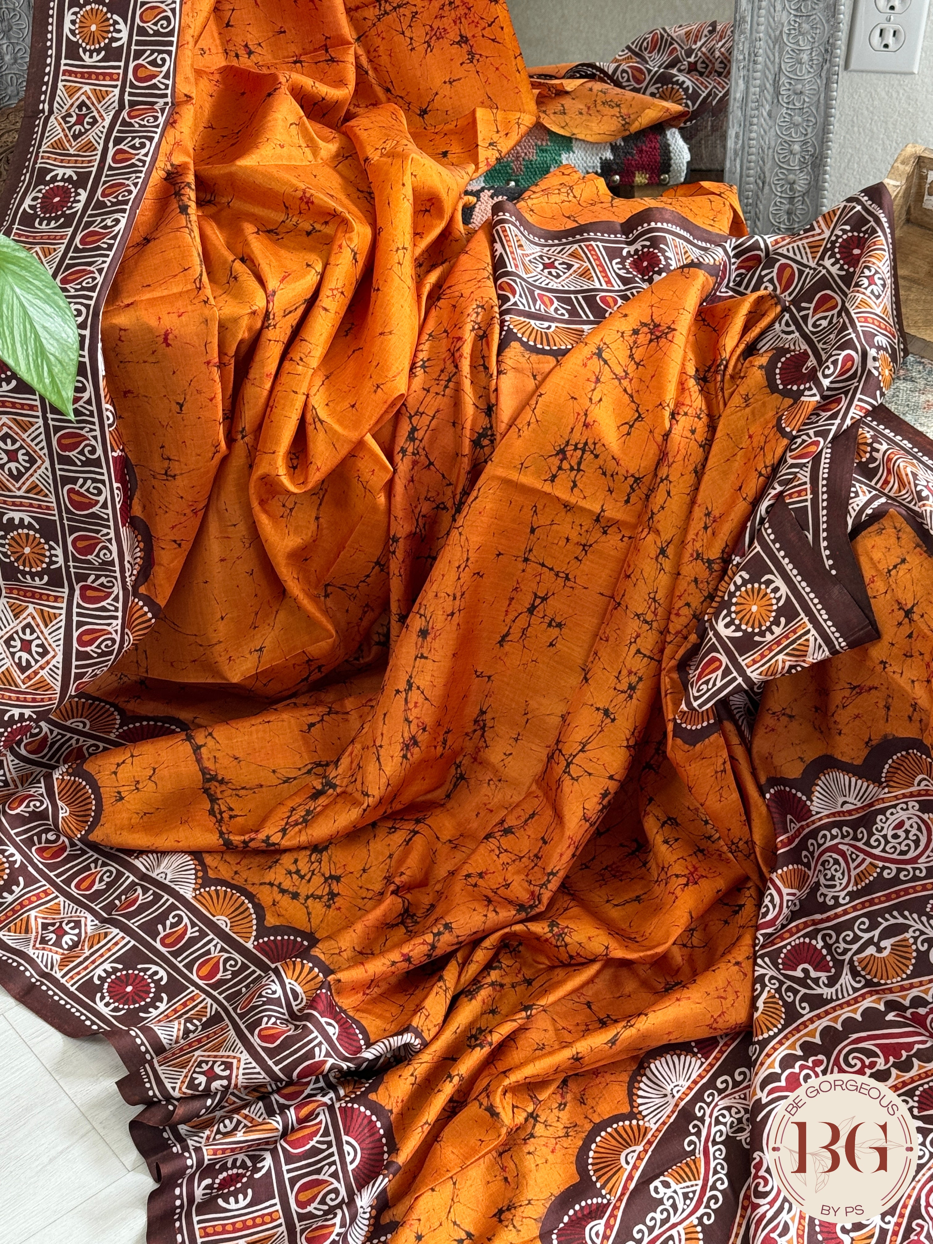 Bangalore Silk hand batik saree, silk mark certified- mustard