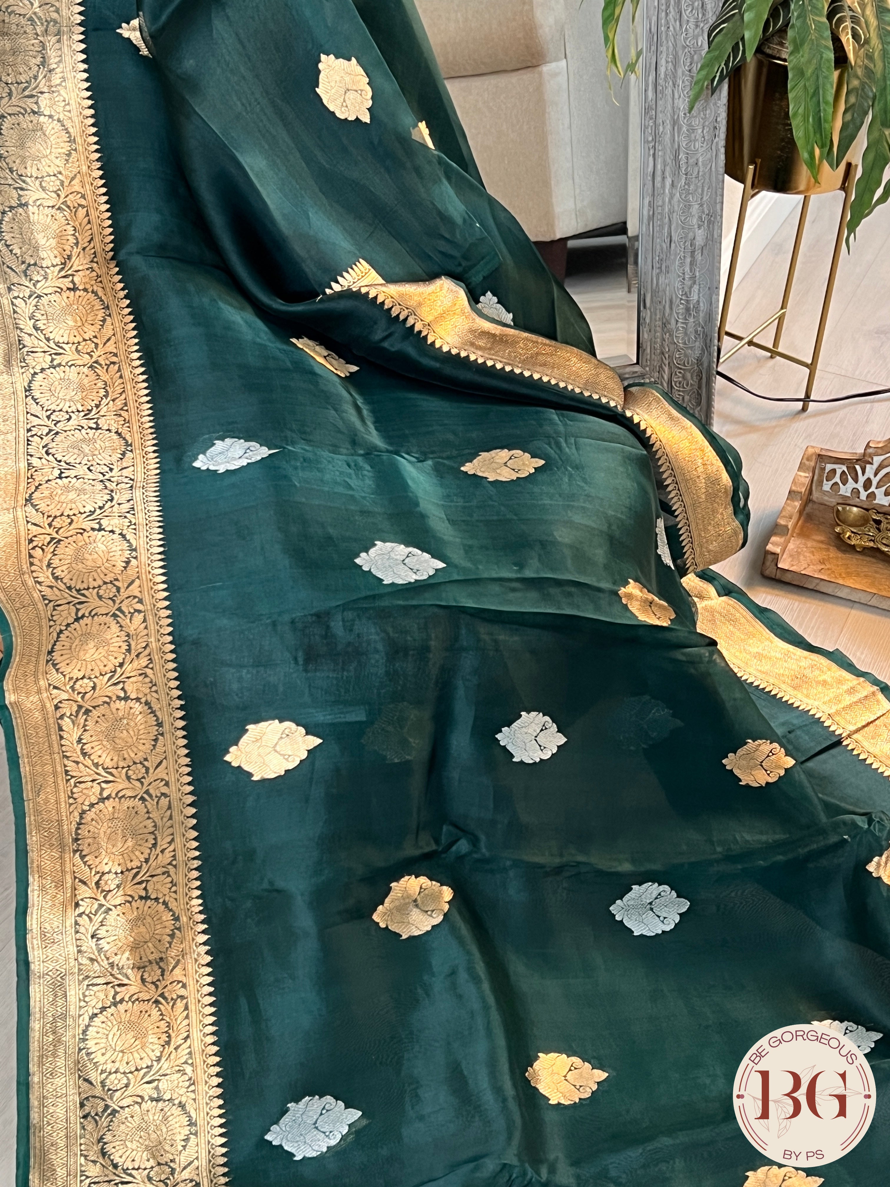 Banarasi Kora Organza Silk Saree Handloom saree color - green