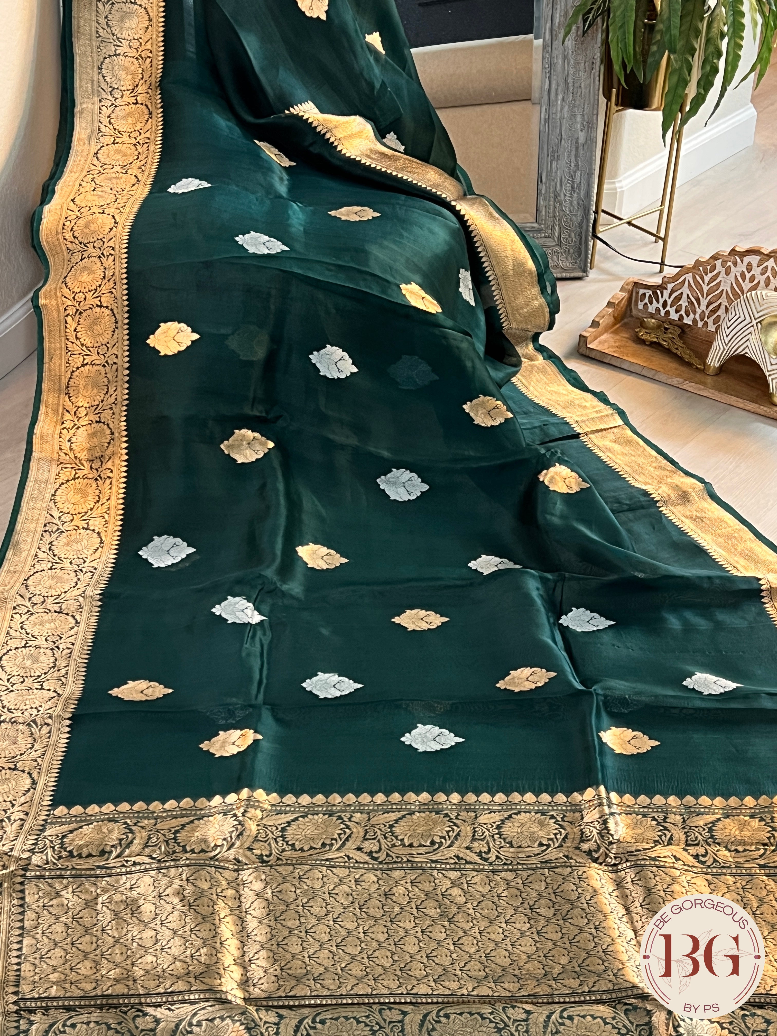 Banarasi Kora Organza Silk Saree Handloom saree color - green