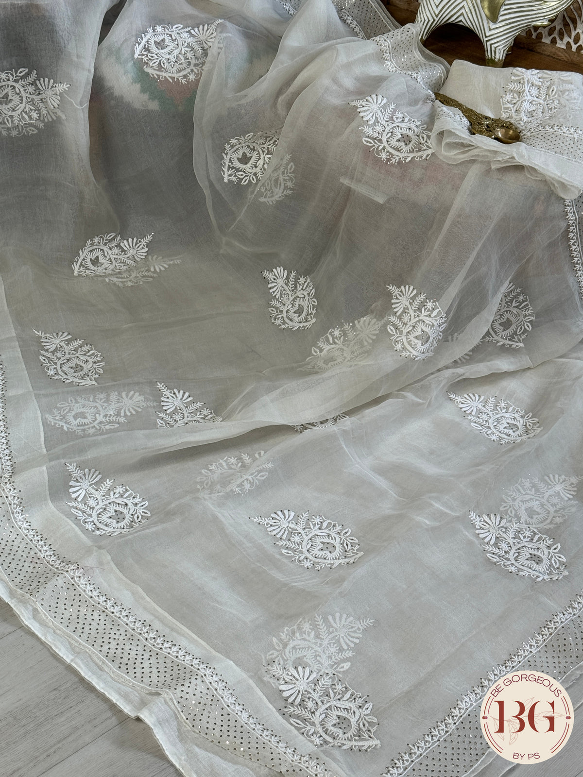 Organza Chikankari with mukesh in white color