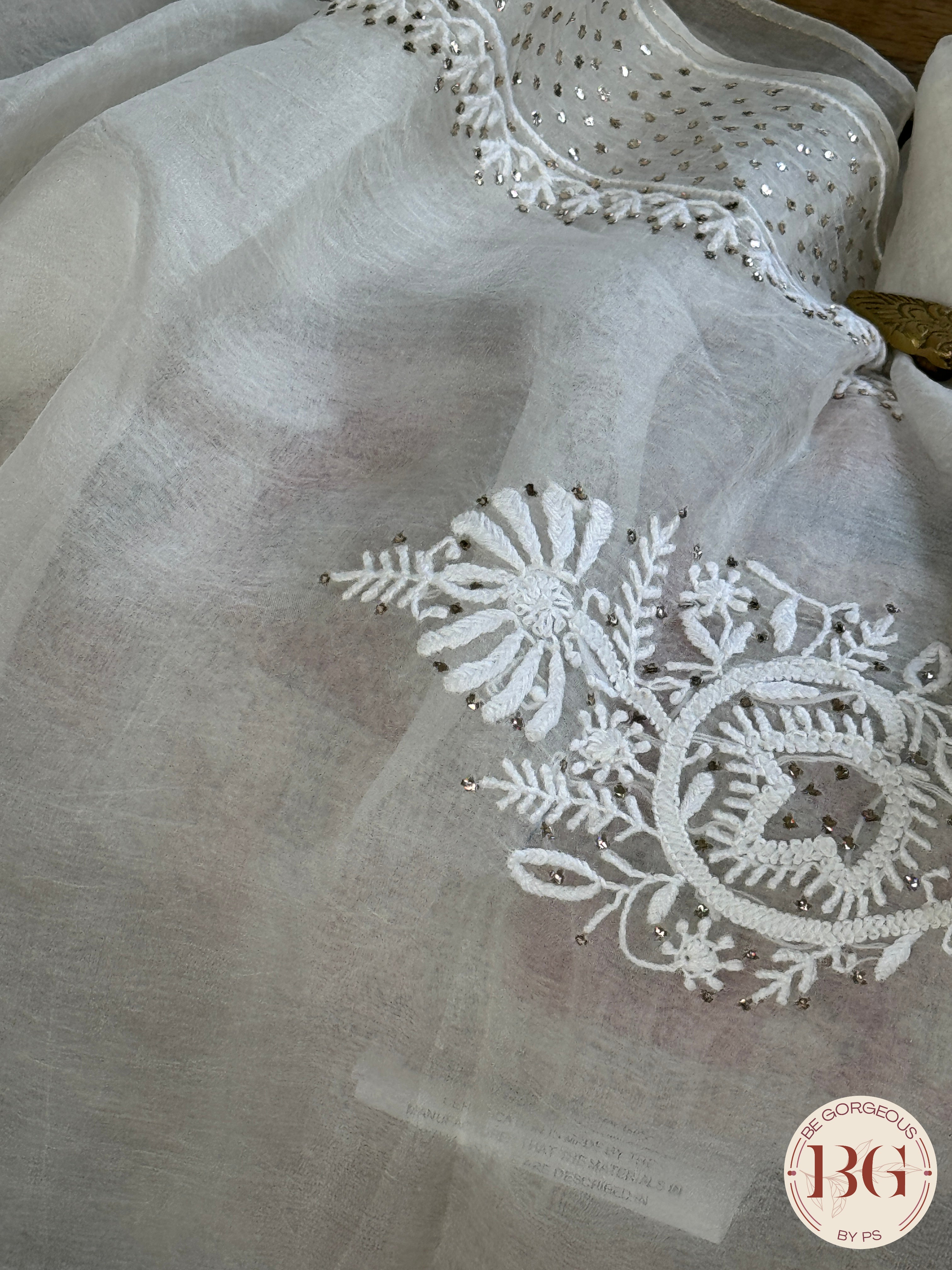 Organza Chikankari with mukesh in white color