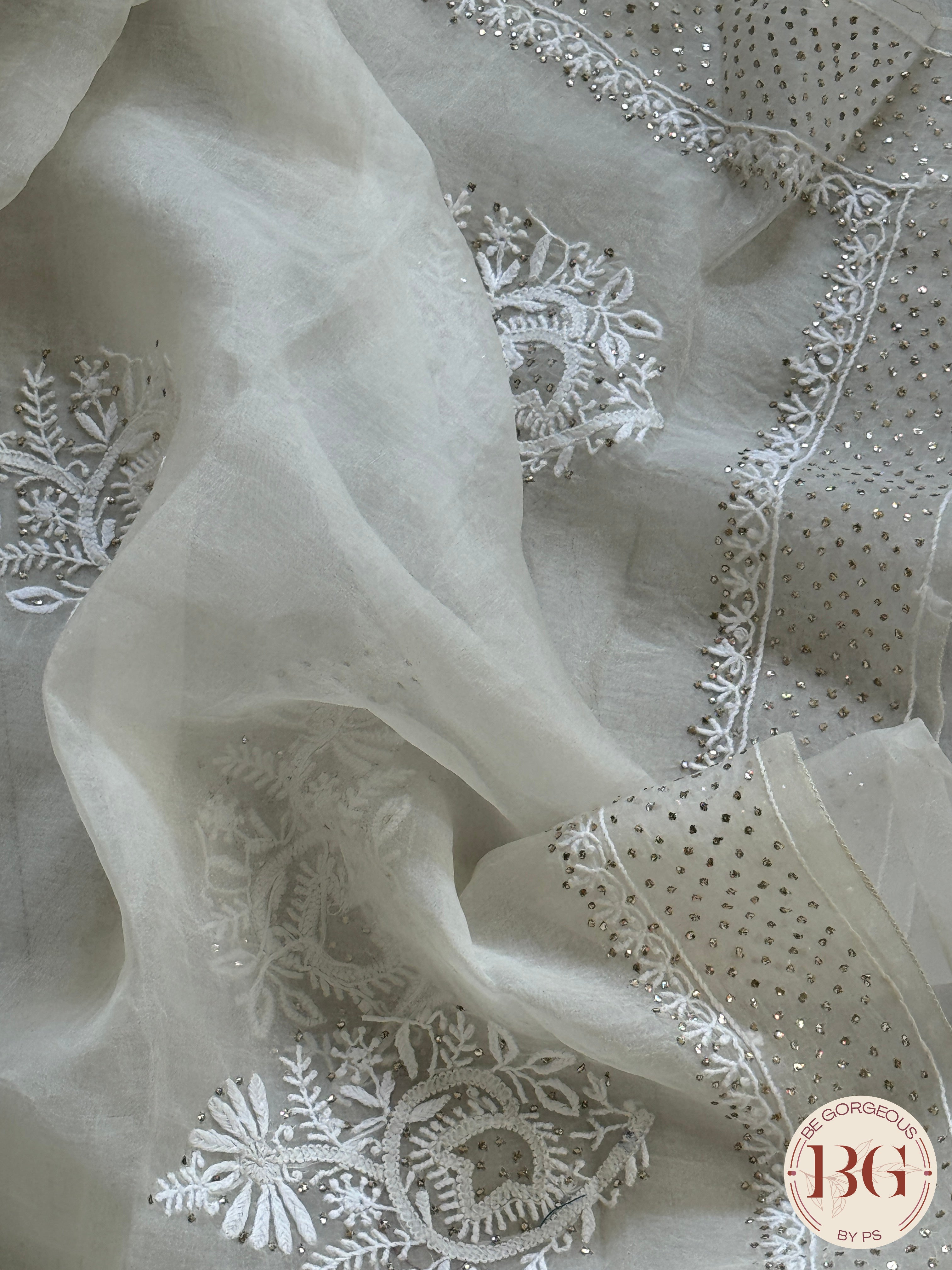 Organza Chikankari with mukesh in white color