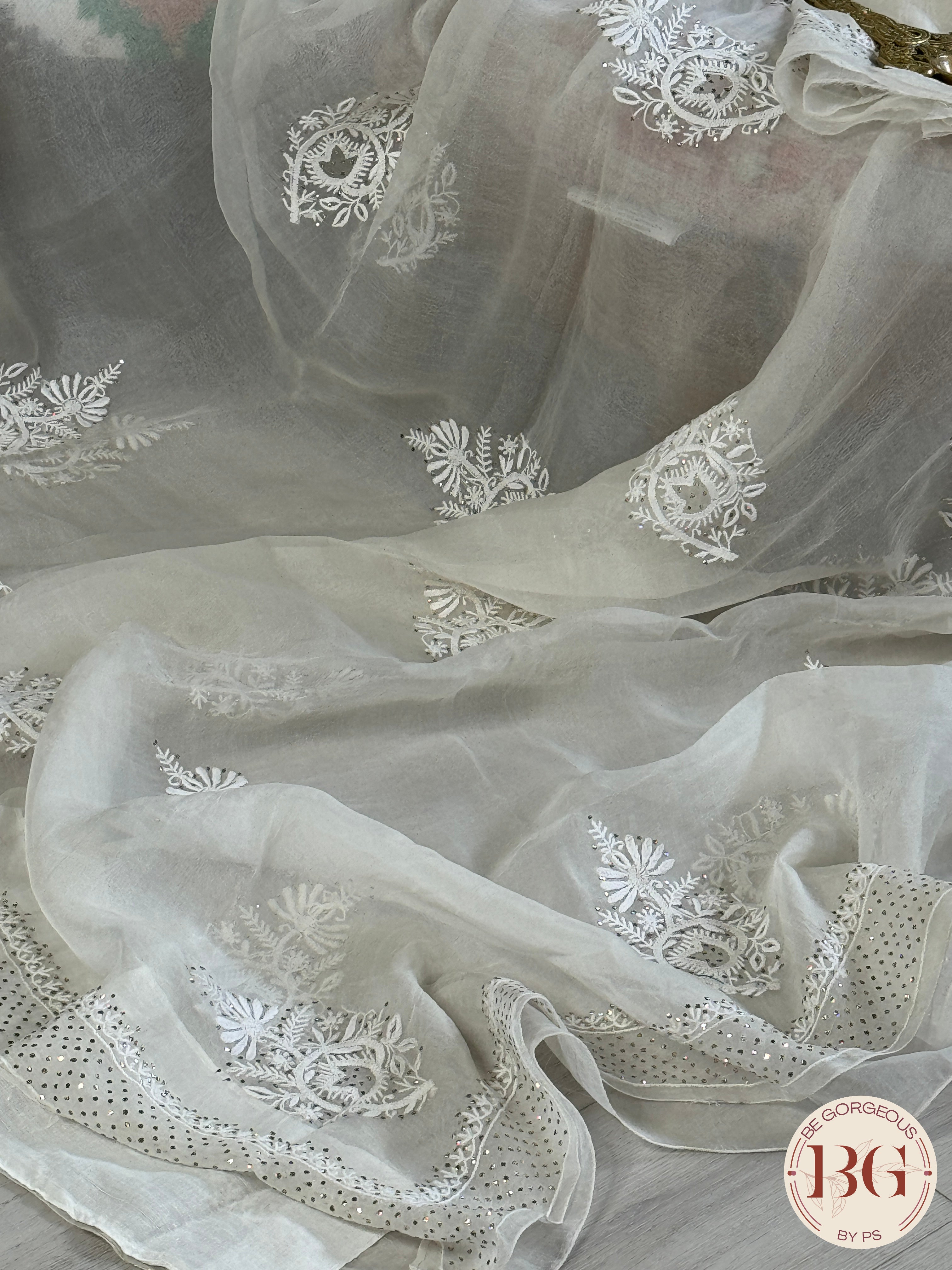 Organza Chikankari with mukesh in white color