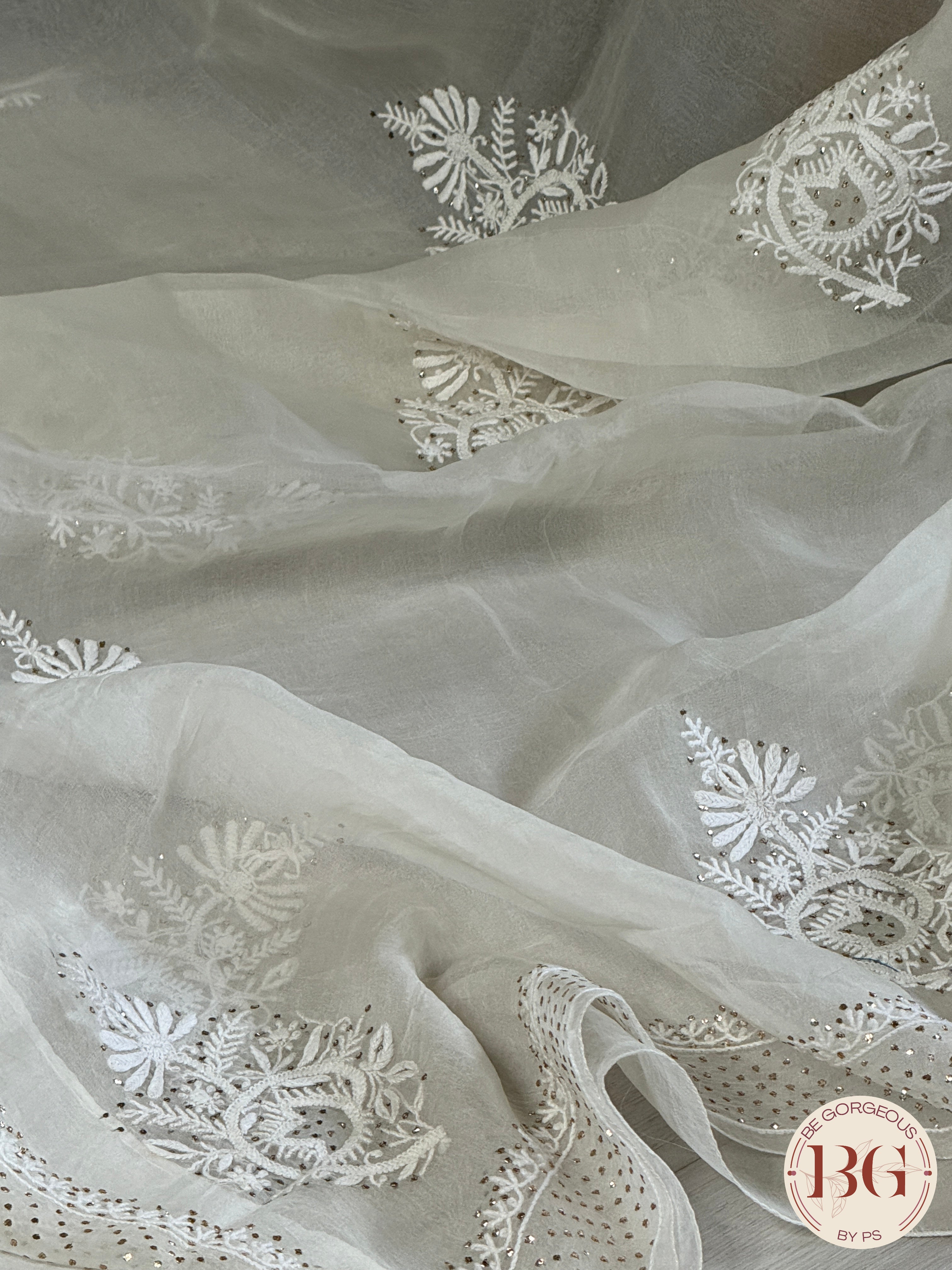 Organza Chikankari with mukesh in white color