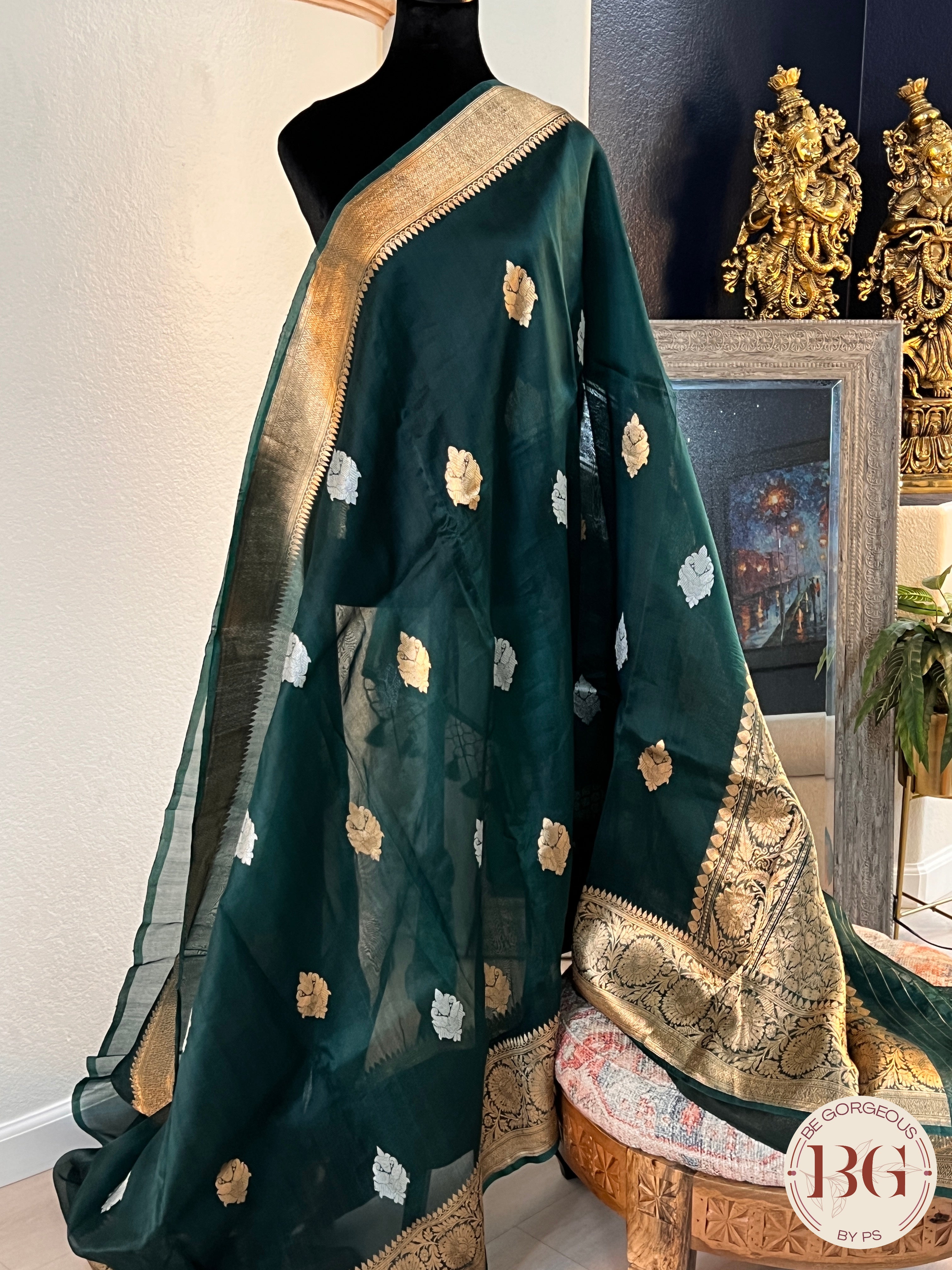 Banarasi Kora Organza Silk Saree Handloom saree color - green