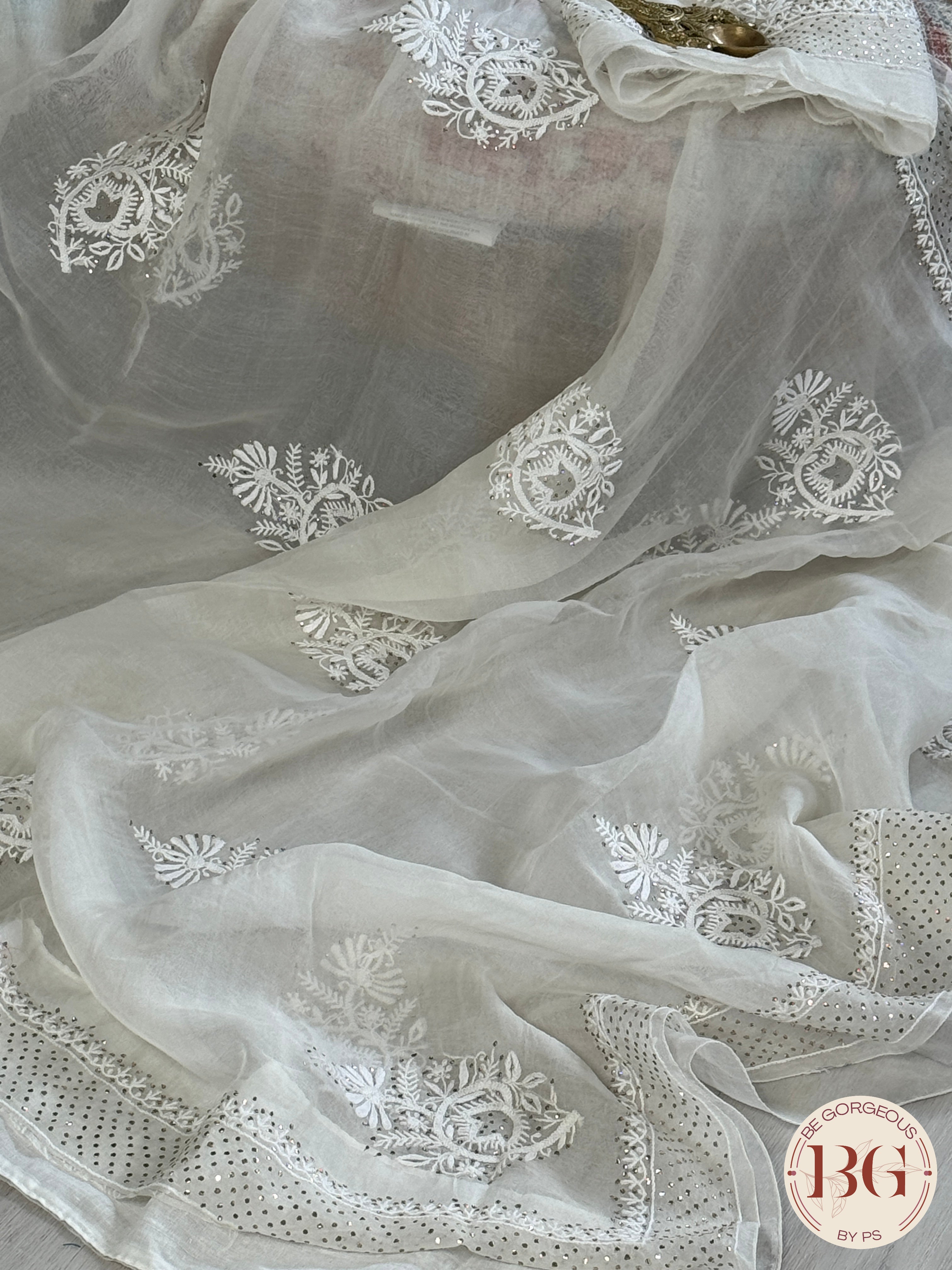 Organza Chikankari with mukesh in white color