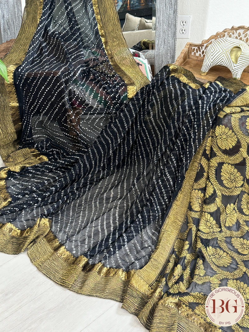 Bandhej miniature bandhani on pure chiffon - black color