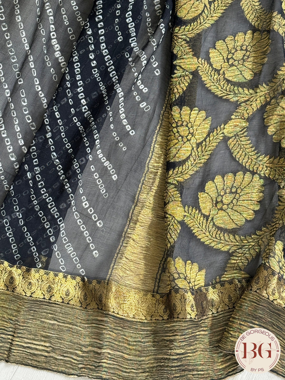 Bandhej miniature bandhani on pure chiffon - black color