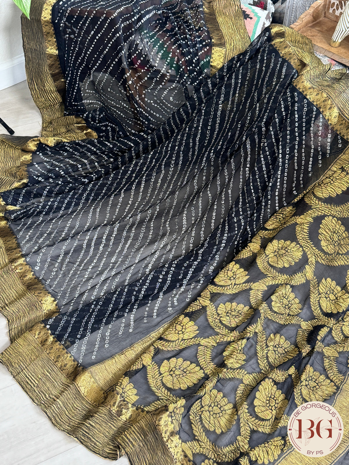 Bandhej miniature bandhani on pure chiffon - black color