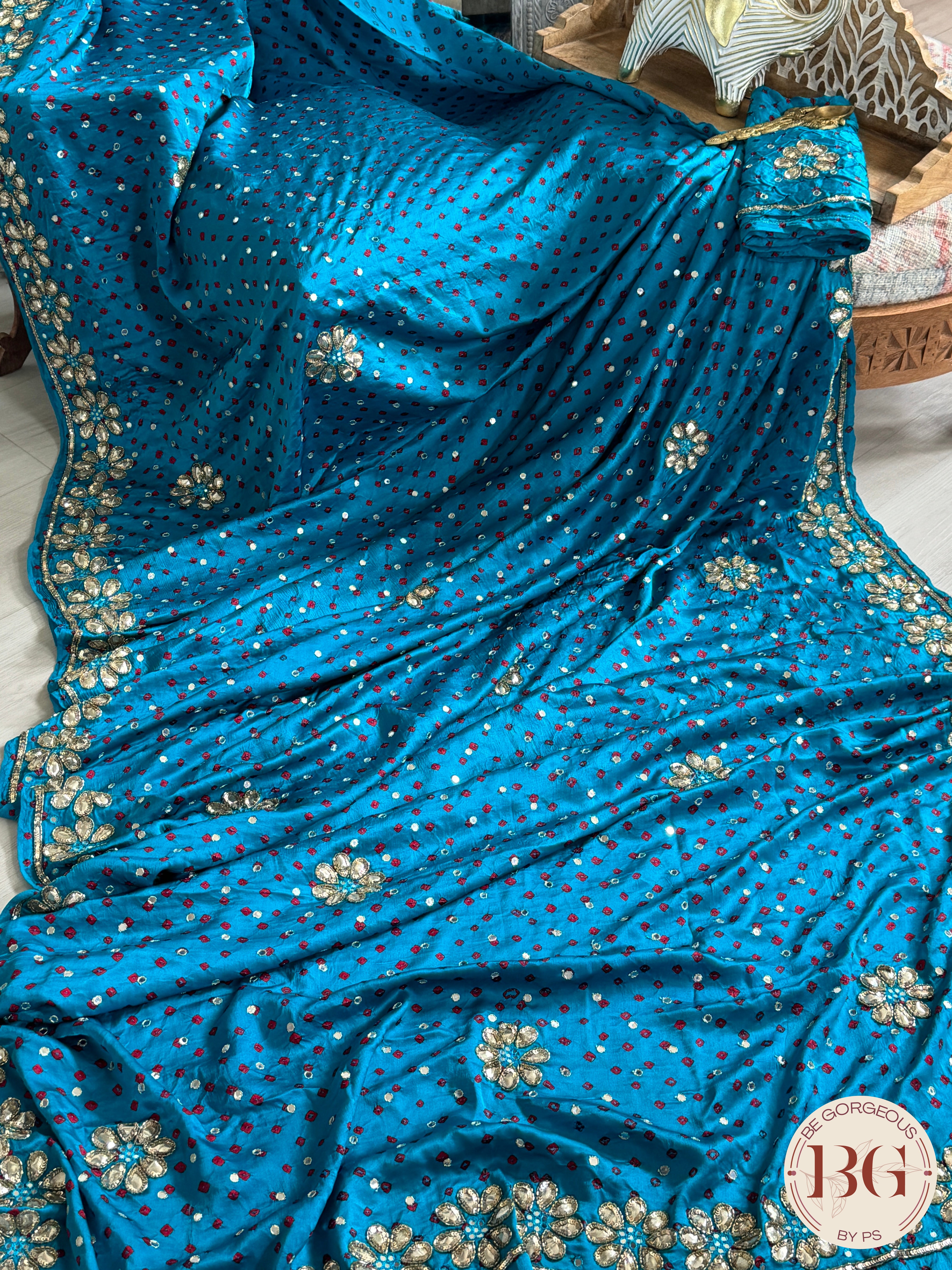 Bandhani on crepe silk with gota patti - firozi color