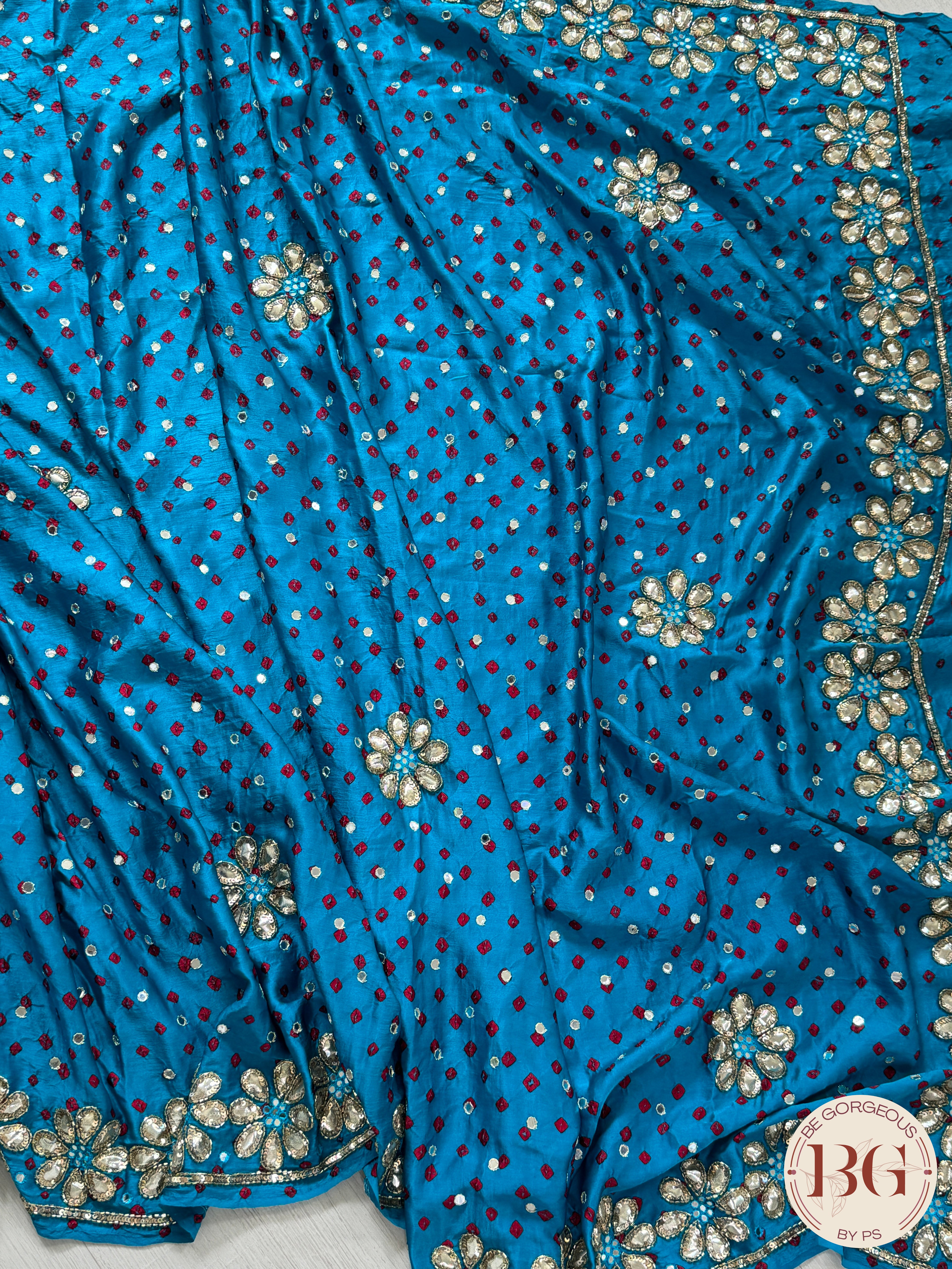 Bandhani on crepe silk with gota patti - firozi color