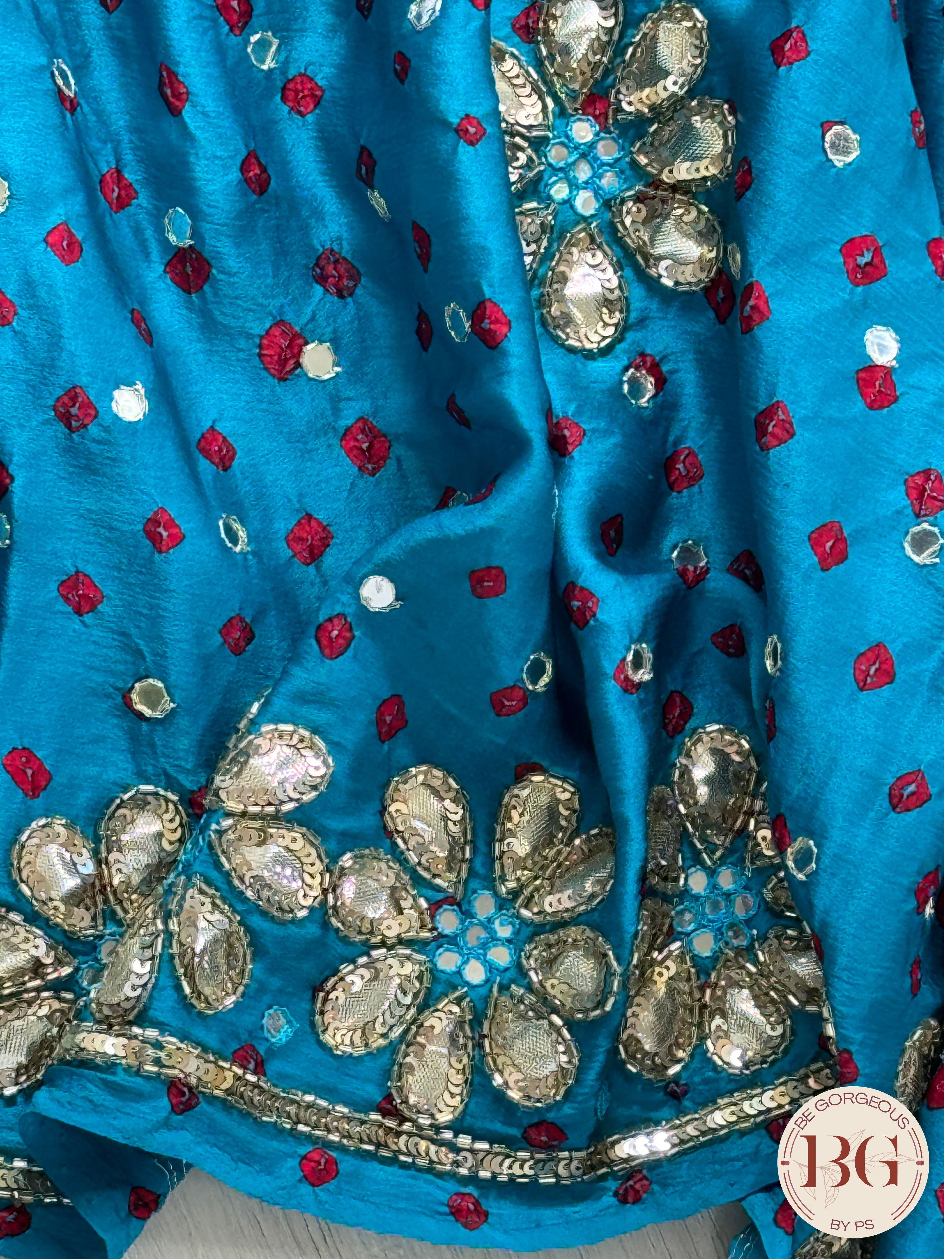 Bandhani on crepe silk with gota patti - firozi color