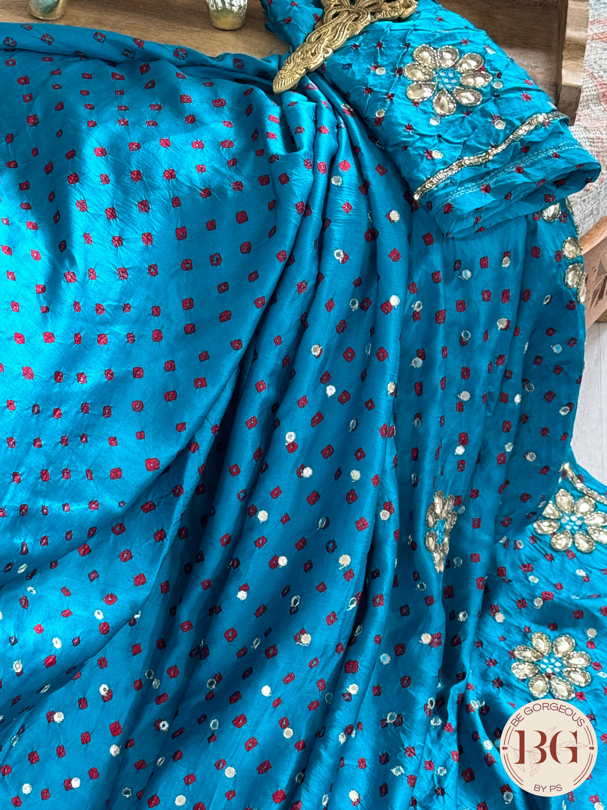 Bandhani on crepe silk with gota patti - firozi color