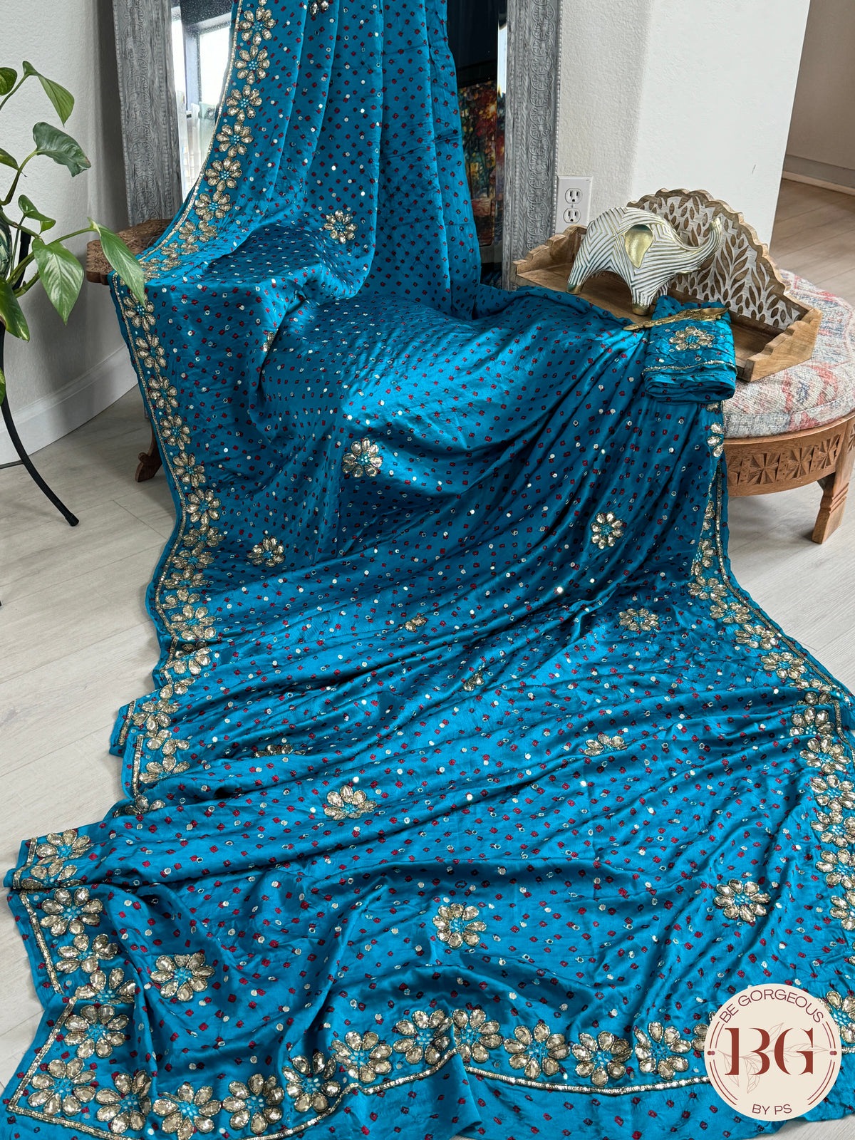 Bandhani on crepe silk with gota patti - firozi color