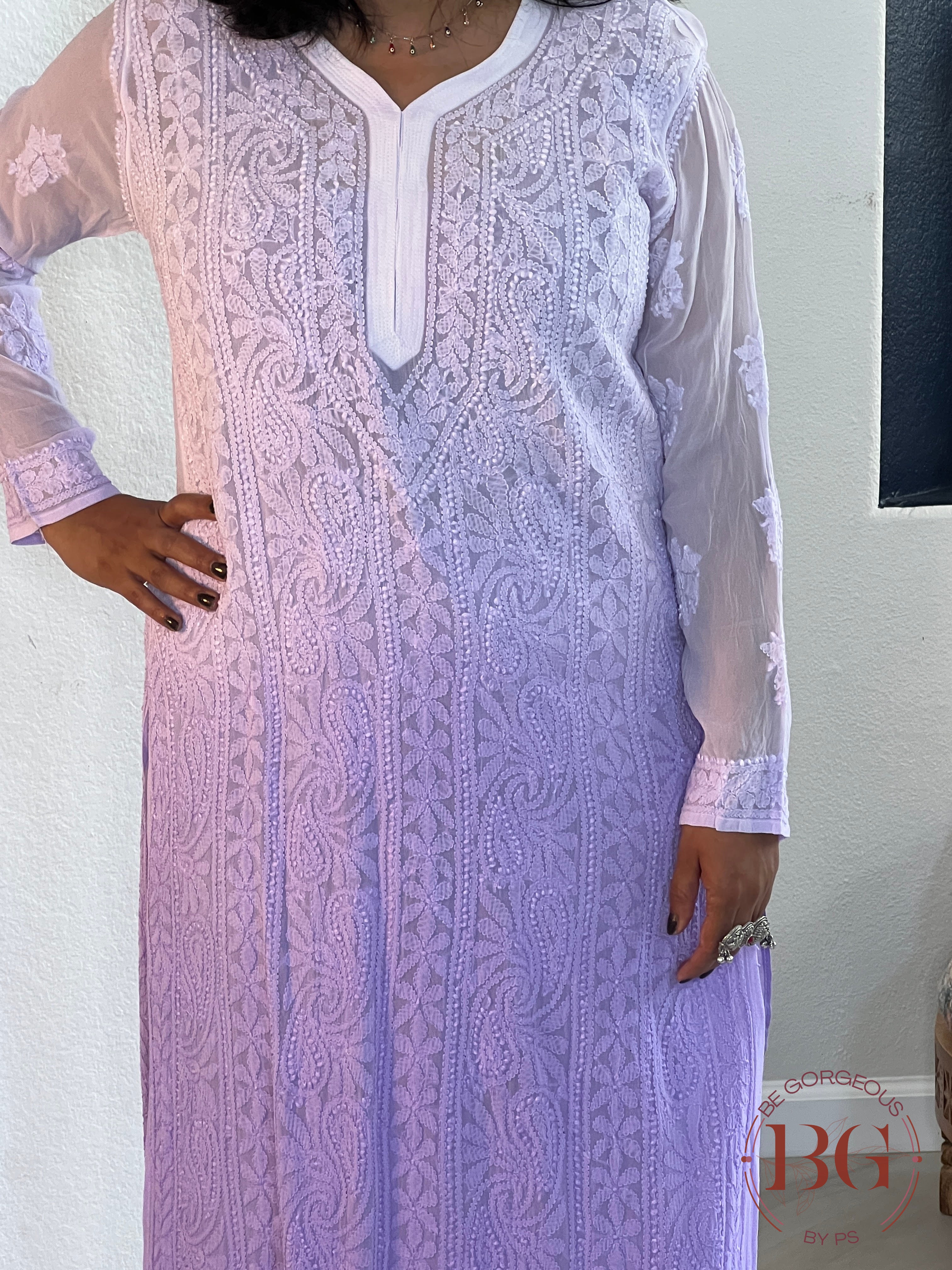 Pure Georgette Shaded Chikankari Purple Kurti