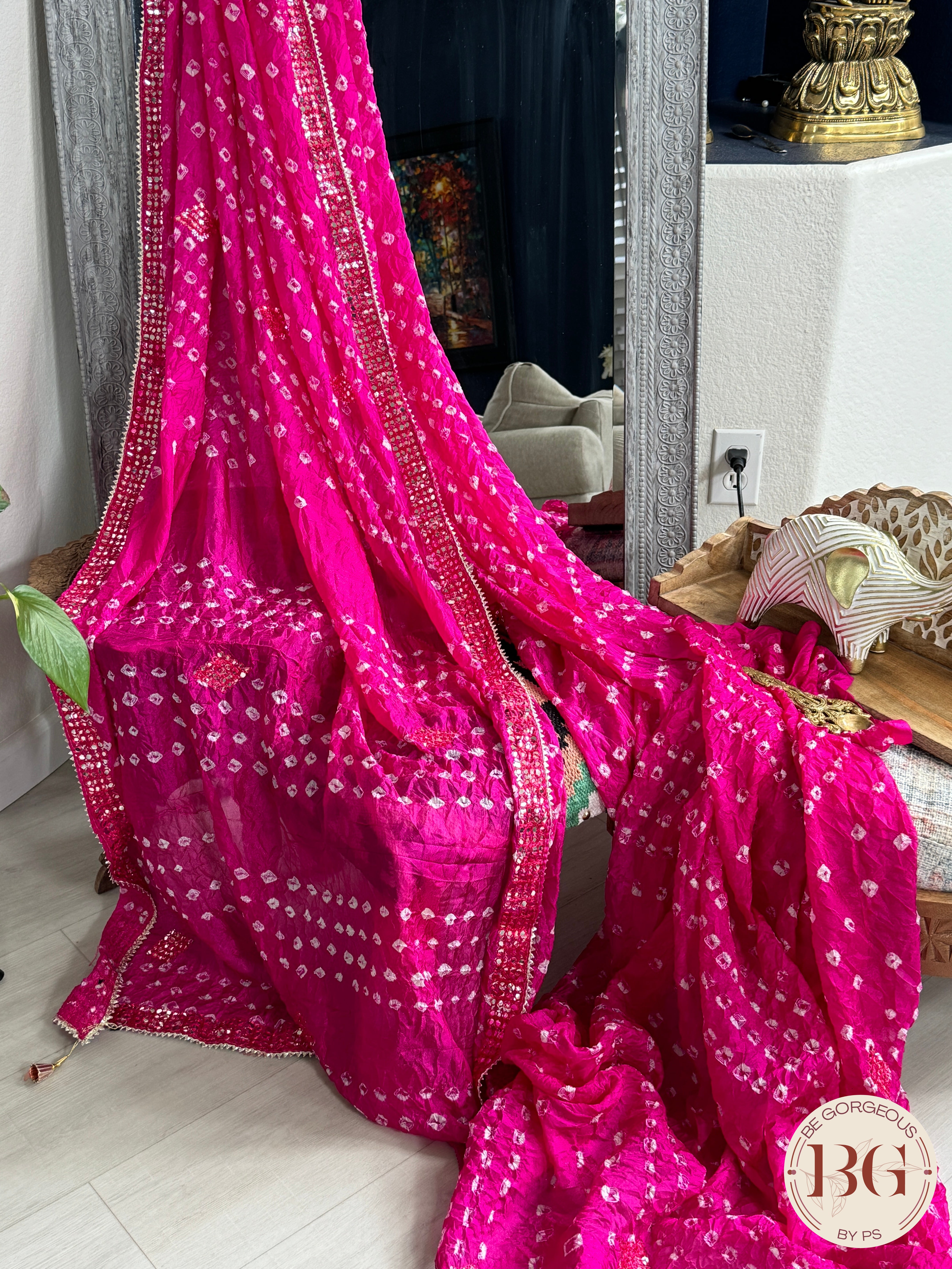 Bandhani on georgette with gota lace - pink